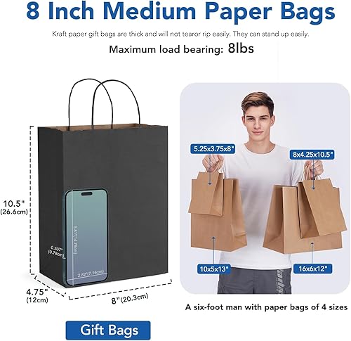 Miniatura 2 de GSSUSA 100 Pack 8x4.75x10'' Paper Bags with Handles Bulk, Black Paper Gift Bags for Small Business, Sturdy Grocery Retail Shopping Bags, Birthday