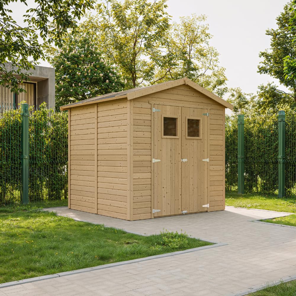 TIMBELA Gartenhaus Holz - Geräteschuppen mit Fenstern - H228x222x233 cm/4,2 m² Naturholz-Shiplap-Schuppen - Gerätehaus - Fahrradschuppen - M351