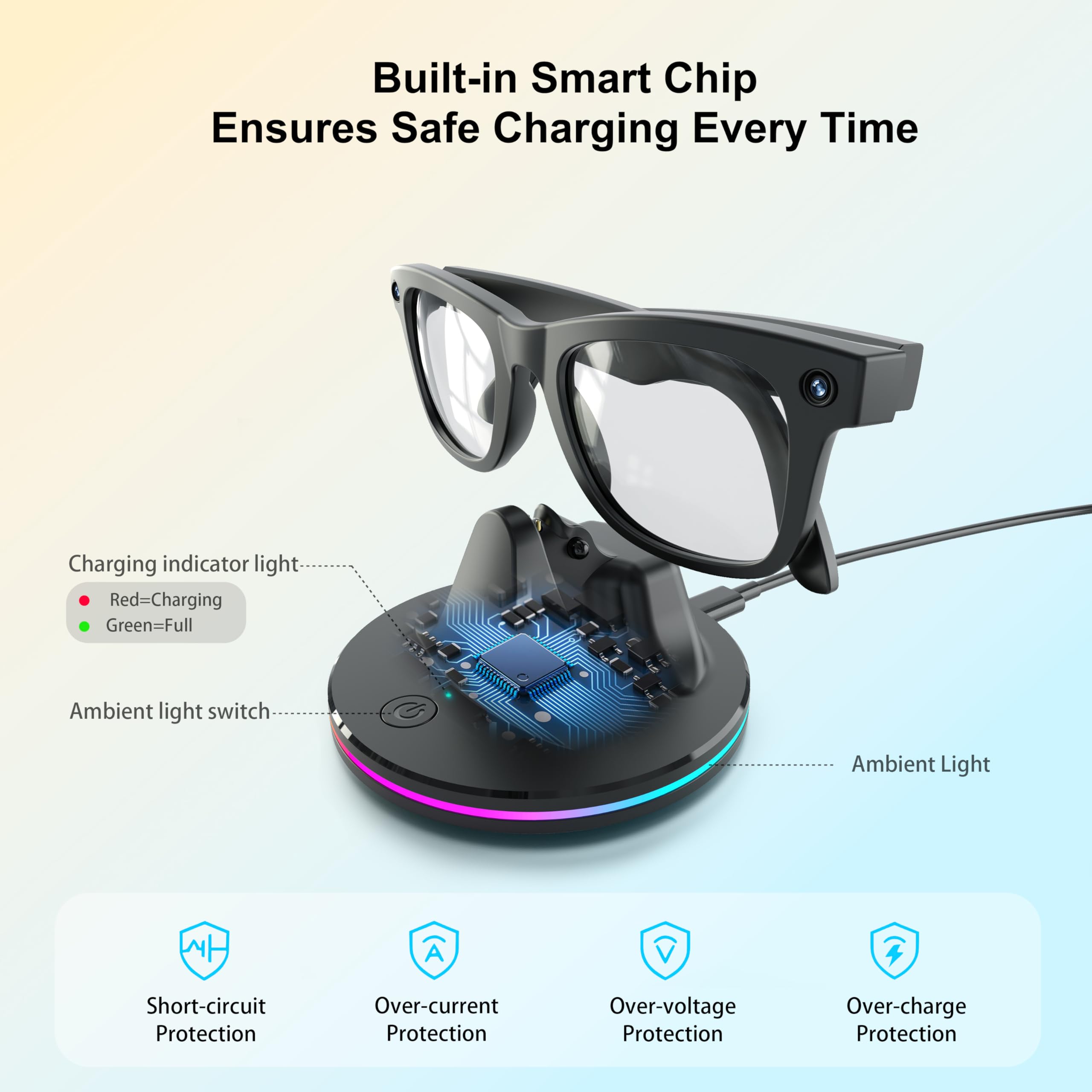 Stazione di ricarica per occhiali Ray-Ban Meta, nero | Compatibile con Wayfarer, Skyler, Headliner e Oakley HSTN, indicatore LED, illuminazione ambientale, cavo USB