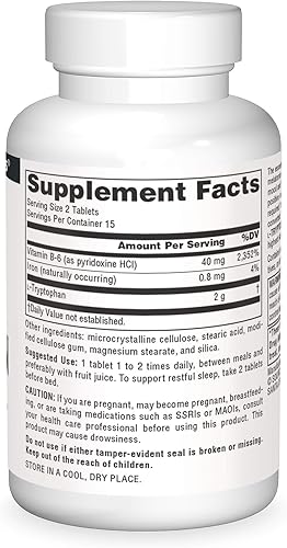 Miniatura 3 de Source Naturals L-triptófano con vitamina B-6 1000 mg ayuda al estado de ánimo, la relajación y el sueño* - 30 Tabletas