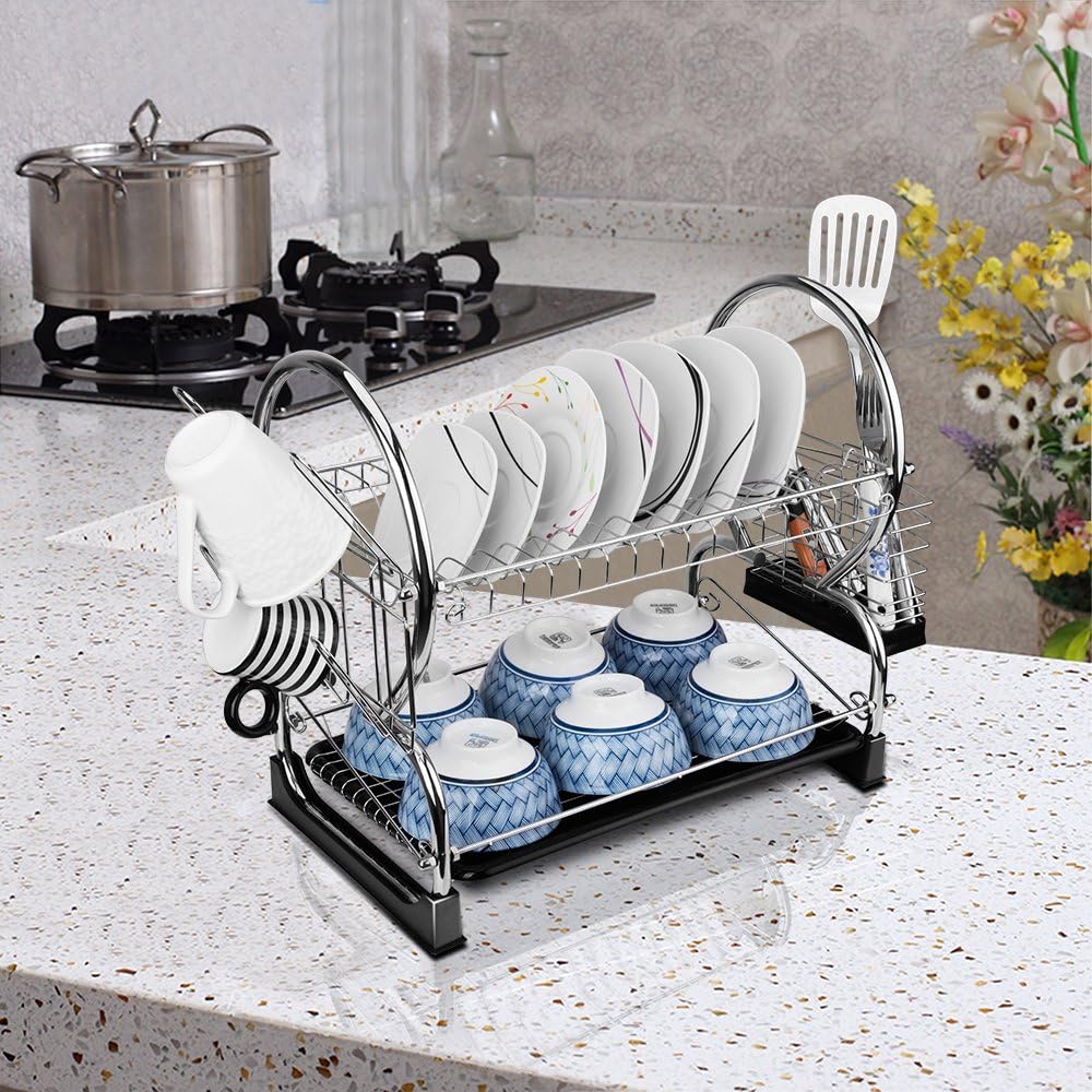 2-Tier Dish Rack and DrainBoard 17" x15 x10" Kitchen Chrome Cup Dish Drying Rack Tray Cultery Dish Drainer