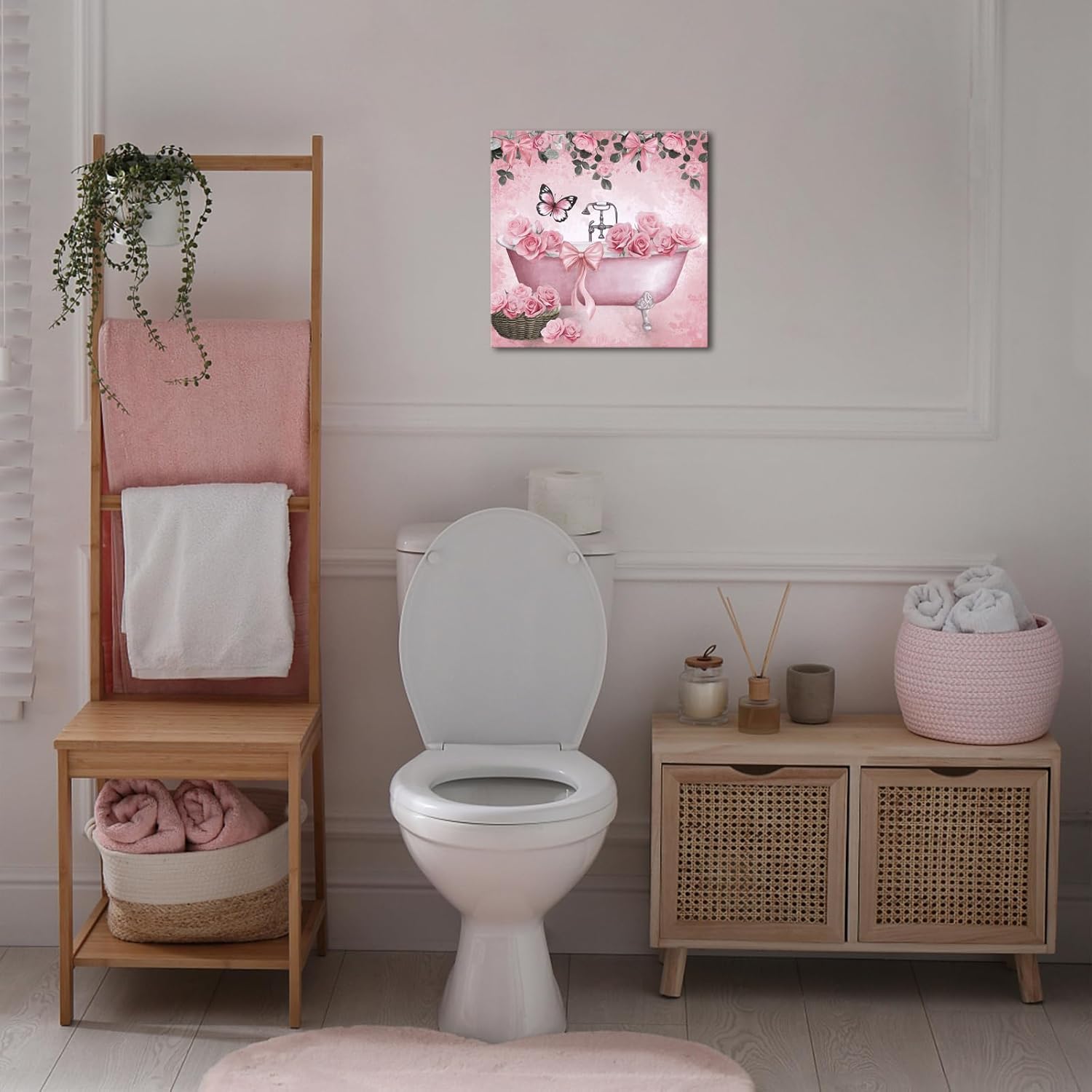 WELMECO Flower Bathroom Wall Art Cute Bows Rose Floral Painting Canvas Prints Teen Girl Bathroom Wall Decor,Framed 12x12inch (Pink)