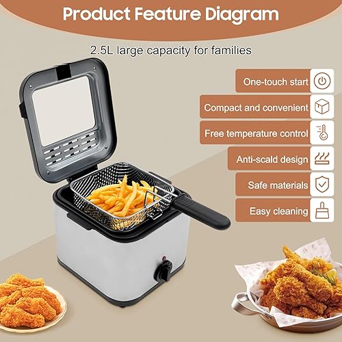 Miniatura 2 de Freidora eléctrica de acero inoxidable de 2.5 litros con canasta, Freidora Electrica Deaceite, tapa extraíble, temperatura ajustable con ventana de
