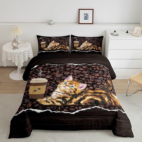 Lindo juego de edredón de tamaño King con diseño de gato y tartán, decoración temática de café para todas las estaciones, edredón de madera vintage