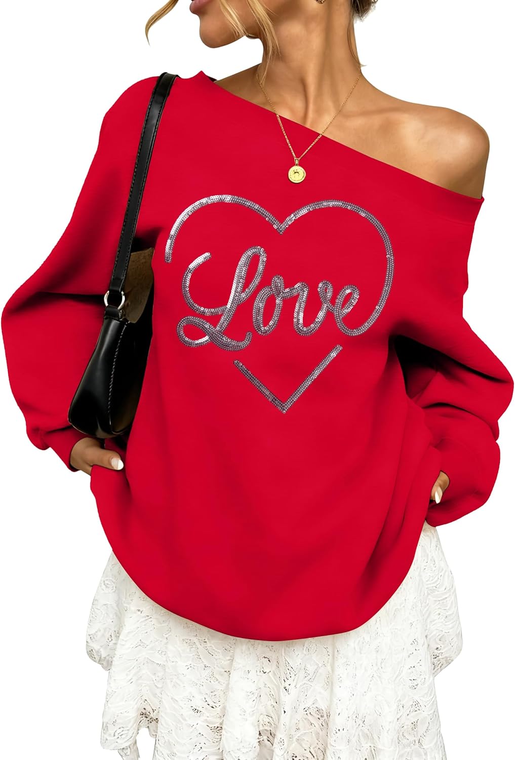 BANGELY Valentines Off Shoulder Sweatshirt Women Love Heart Long Sleeve Shirt Casual Oversized Sweatshirts Fashion Sequin Top
