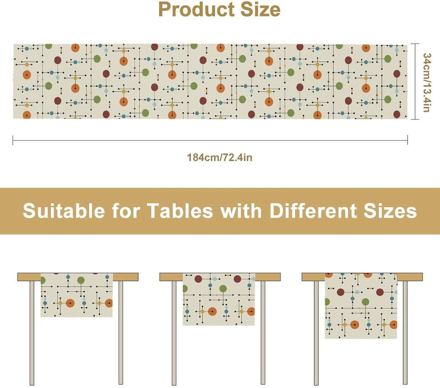Mid Century Geometric Table Runner, Circular Lines Colorful Table Runners for Kitchen Living Room Home Party Decor Table Cover, 13x60 Inch image 2