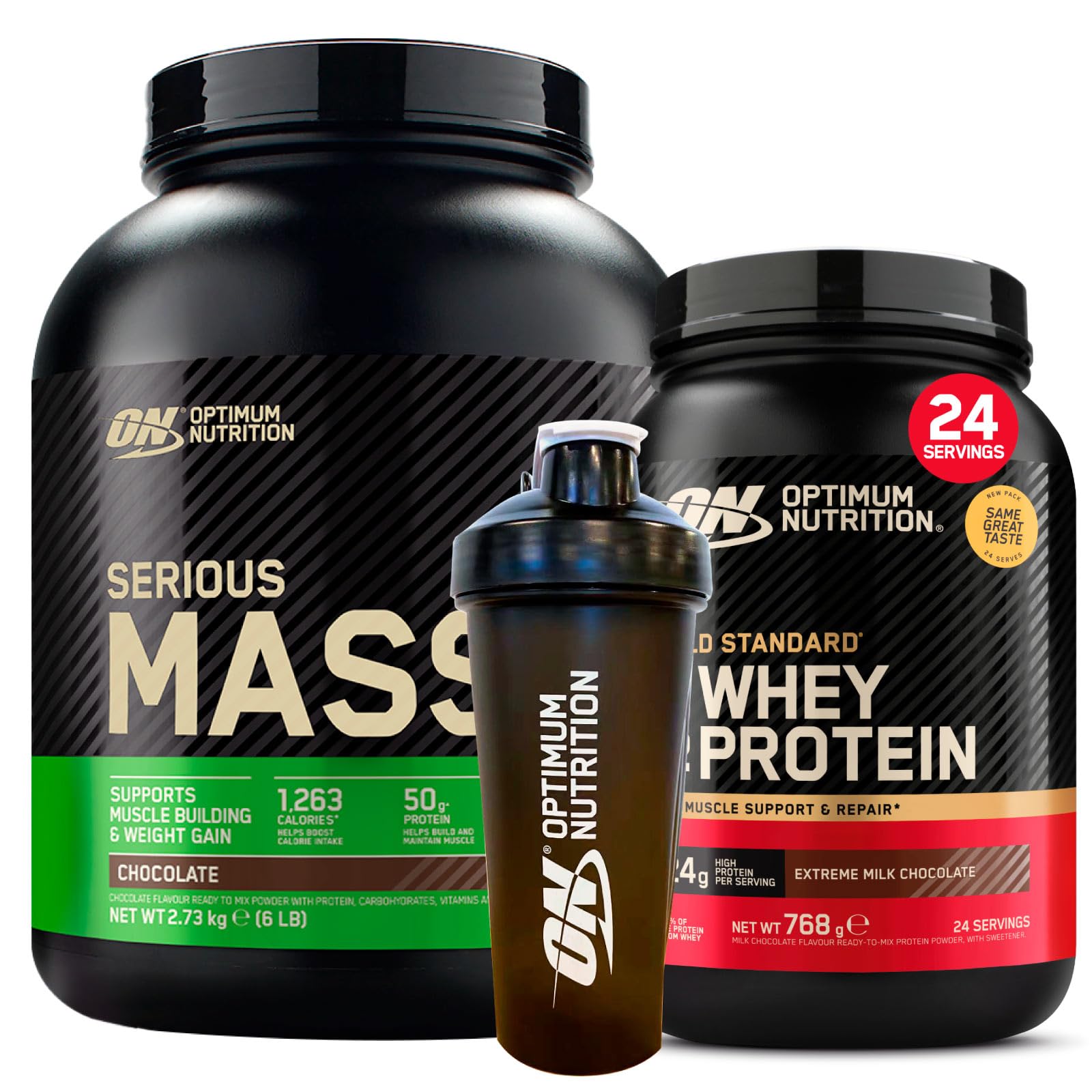 Optimum Nutrition Gold Standard 100% Whey Eiweißpulver mit Aminosäuren Milchschokolade 768g 24 Portionen + Serious Mass Protein Whey mit Kreatin Schokolade 2,73kg 8 Portionen + Shaker
