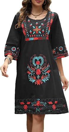 AK Traditional Mexican Dress for Women Floral Embroidered 3/4 Sleeve Boho Dress, Summer Fiesta Peasant Dresses