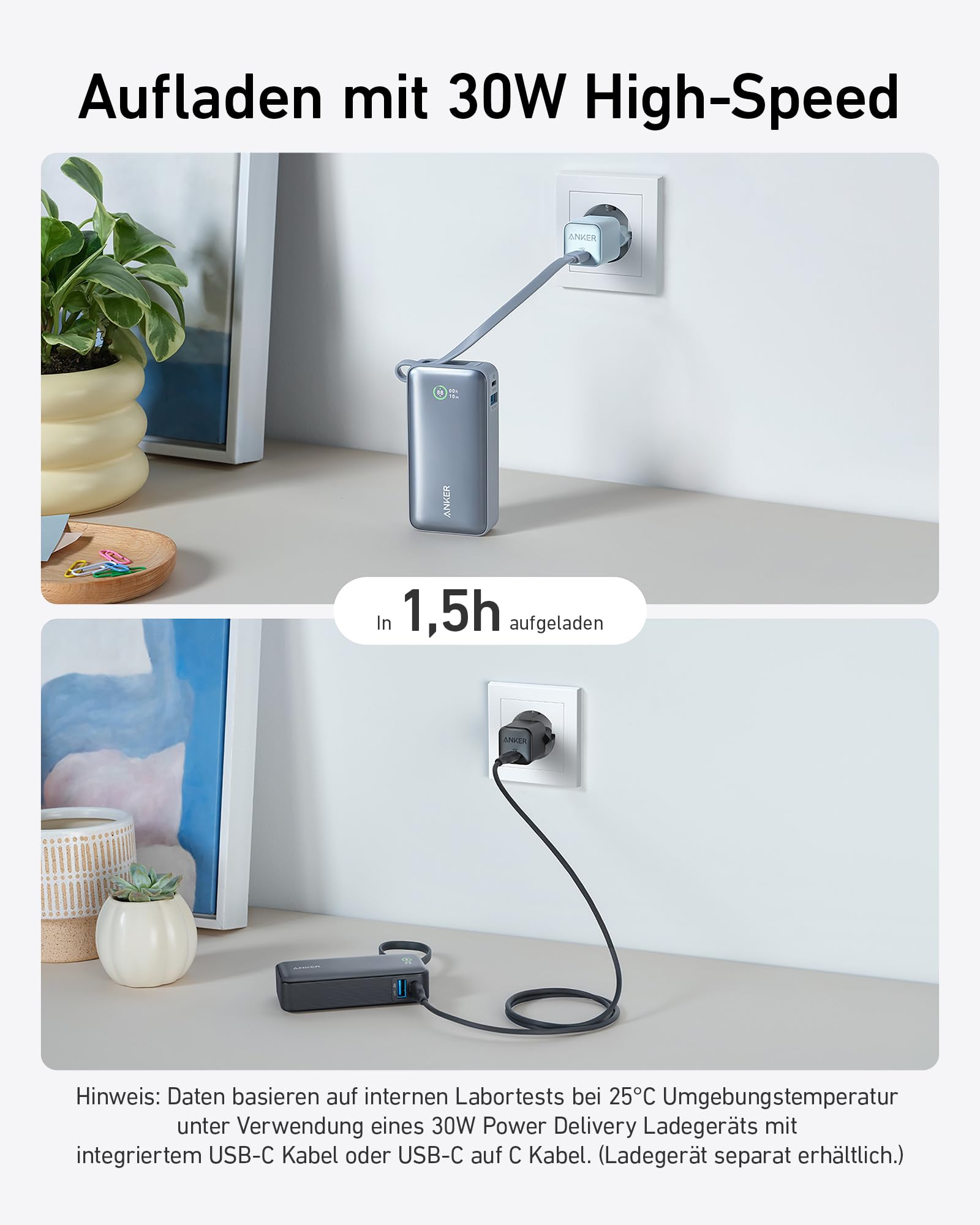 Anker Nano Powerbank, 10.000mAh Powerbank mit integriertem USB-C Kabel, PD 30W Höchstleistung mit 1xUSB-C, 1xUSB-A, Für iPhone 17/16/15/14, MacBook, Galaxy, iPad, AirPods und mehr