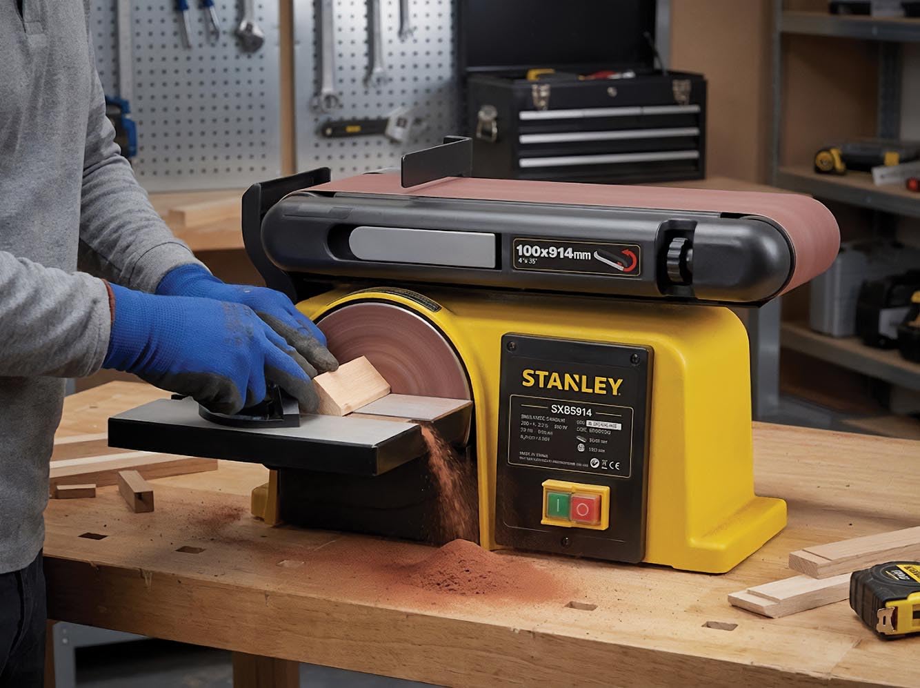 STANLEY - Ponceuse d'établi 370W Base en Fonte 2 en1 : Disque 150mm et Bande 100 x 914 mm SXBS914E