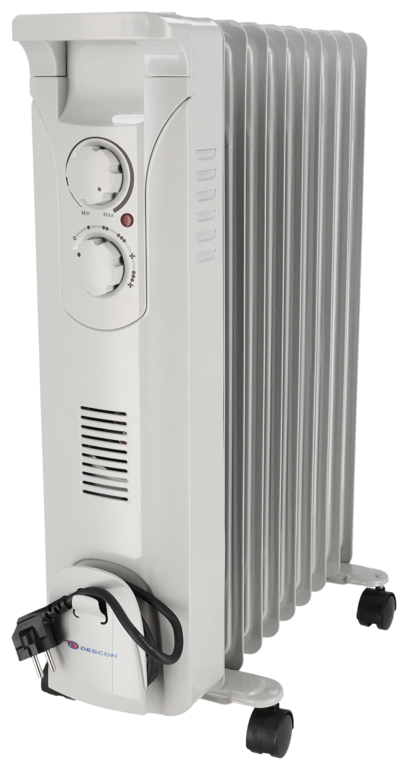 Ölradiator mit Lüftung DESCON 2000 W + 400 W, Heizgerät zur Zusatzbeheizung, Thermostat, Temperaturregelung, Lüfter, Transportrollen, Kipp- und Überhitzungsschutz