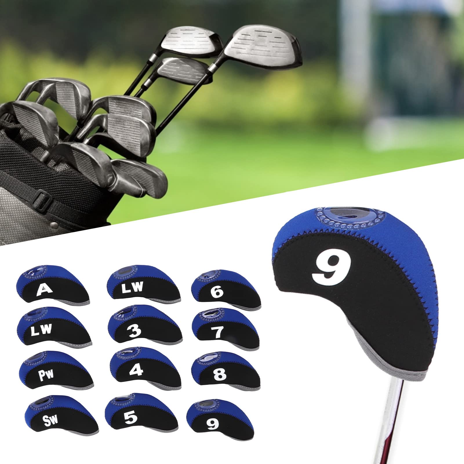 Couvre Têtes De Clubs De Golf 12 Pièces, Couvre Têtes De Protection Numérotés pour Poteaux De Fer,Couvre Fer Golf(Bleu Saphir Noir)