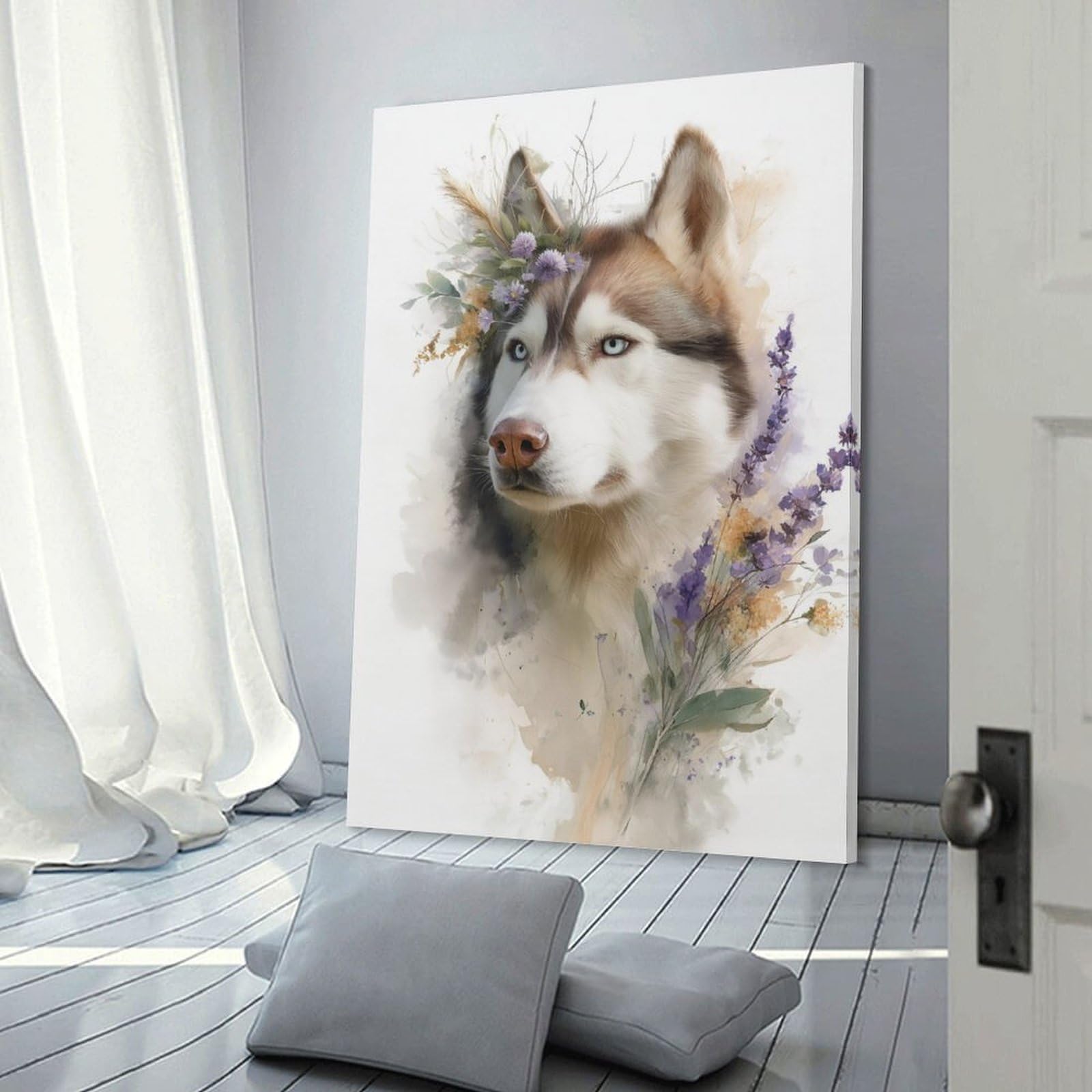Junmoney Frame-Style-11 Canvas Wall Decor Husky Dog Watercolor Art Print, 08X12inch(20X30cm), For Home Lounge, Bedroom Or Reading Nook, Eye Catching Artwork For Blank Walls