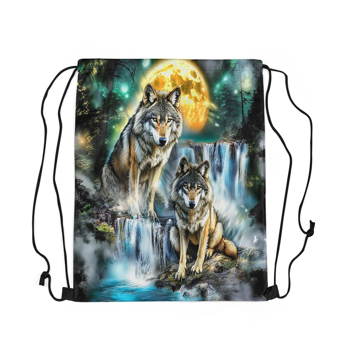 Loussiesd Mountain Moon Wolf Drawstring Backpack 40x33cm Wolves Howling Gym String Bag Animal Wolves Drawstring Bags Women Men Wolf Waterproof Cinch Bag