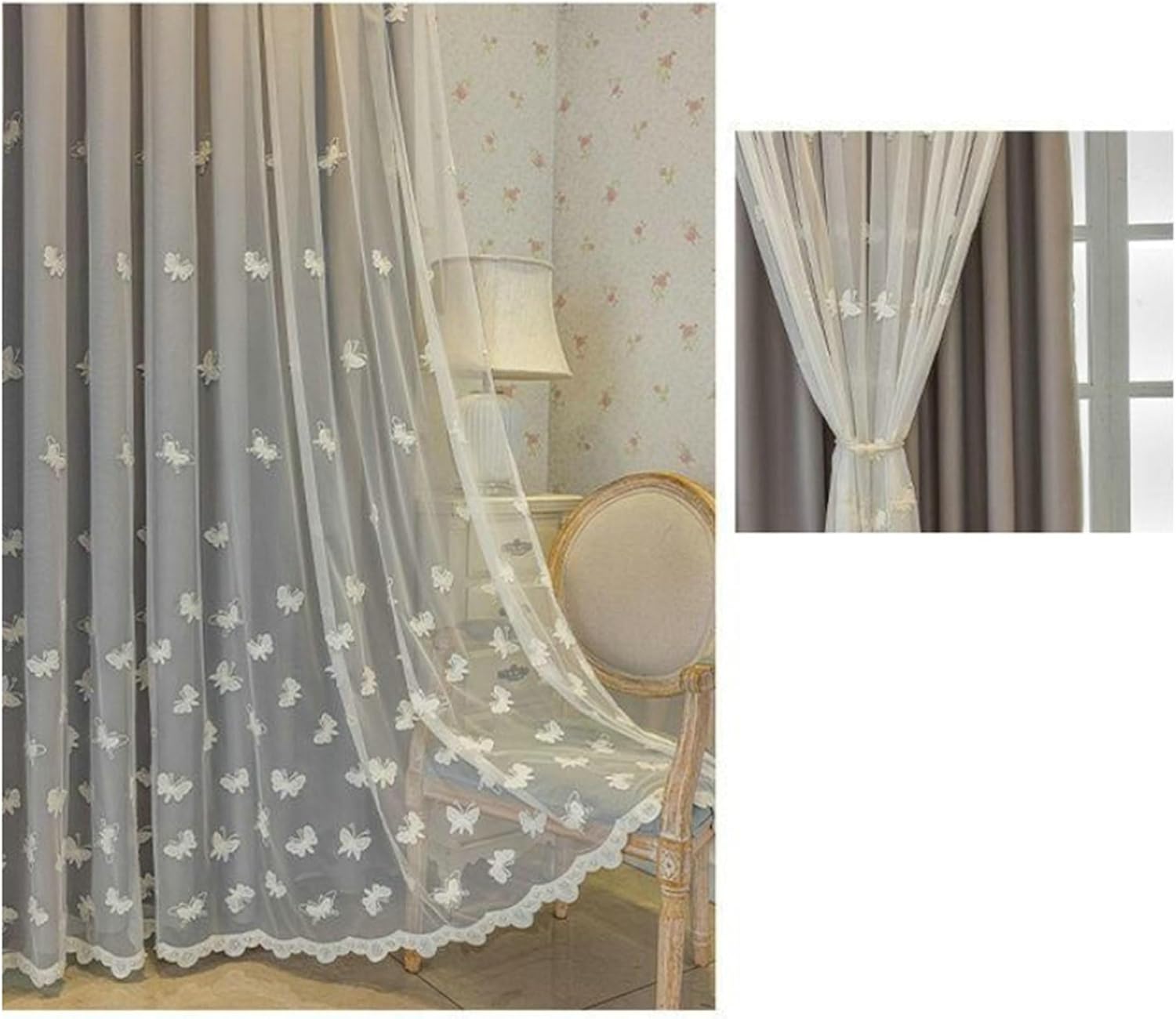 Blackout Curtain 2 Panels Set 45 inch Long, Blackout Curtains Eyelets Double Layer Embroidered Butterflies Thermal Drapes Window Treatment for Bedroom Living Room Grey, 52 x 45 Inch