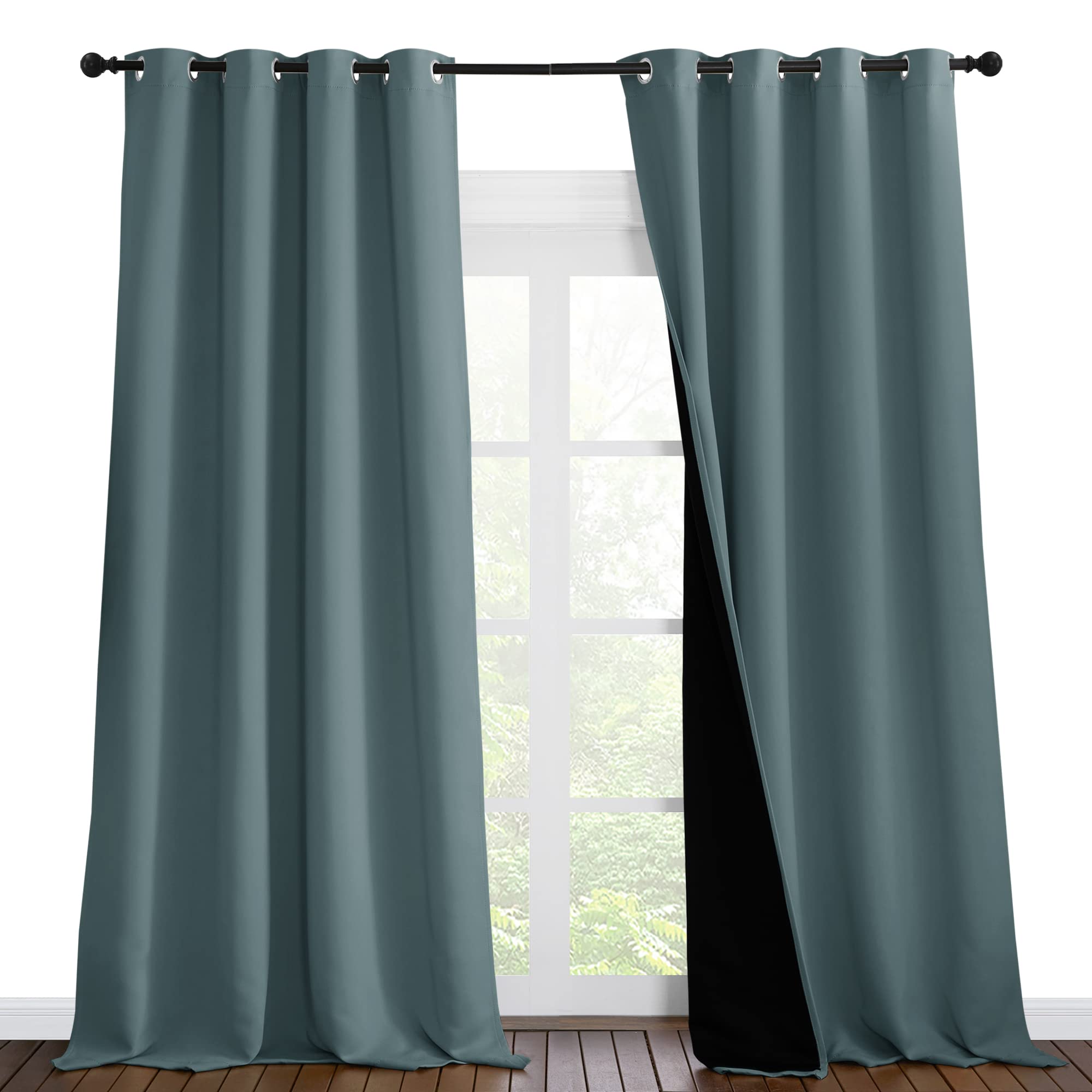 NICETOWN Full Shading Curtains for Windows, Super Heavy-Duty Black Lined Blackout Curtains for Bedroom, Privacy Assured Window Treatment (Greyish Blue, Pack of 2, 55 inches W x 102 inches L)