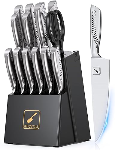 imarku Juego de cuchillos de cocina, juego de 15 cuchillos japoneses con bloque, juego de cuchillos de chef afilados de alta calidad para cocina con