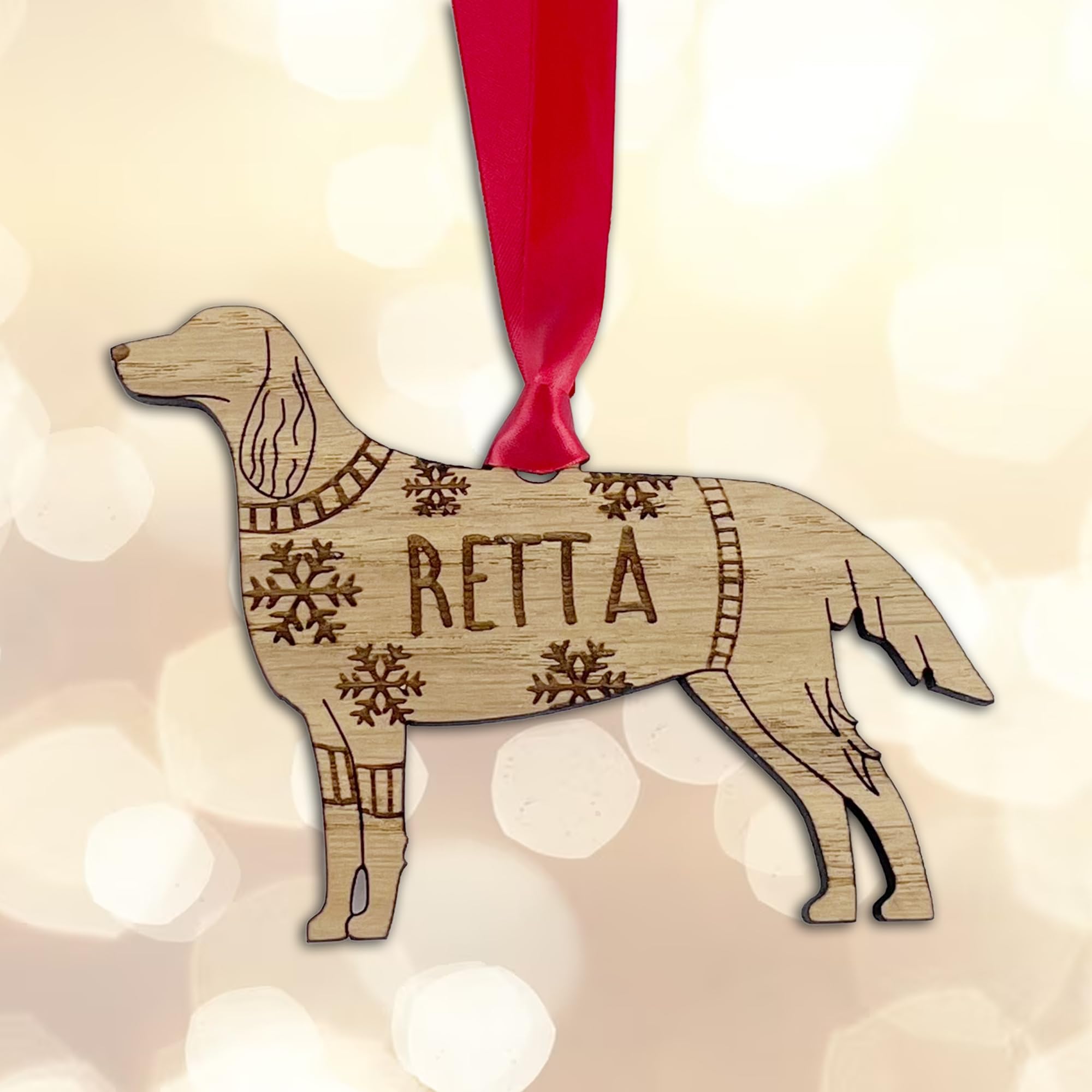 Personalised Red Setter Dog Christmas Tree Bauble Decoration, Wearing a Dog Jumper Design with Snowflakes, Customised Puppy Hanging Ornament, Oak Veneer Wood with Red Ribbon