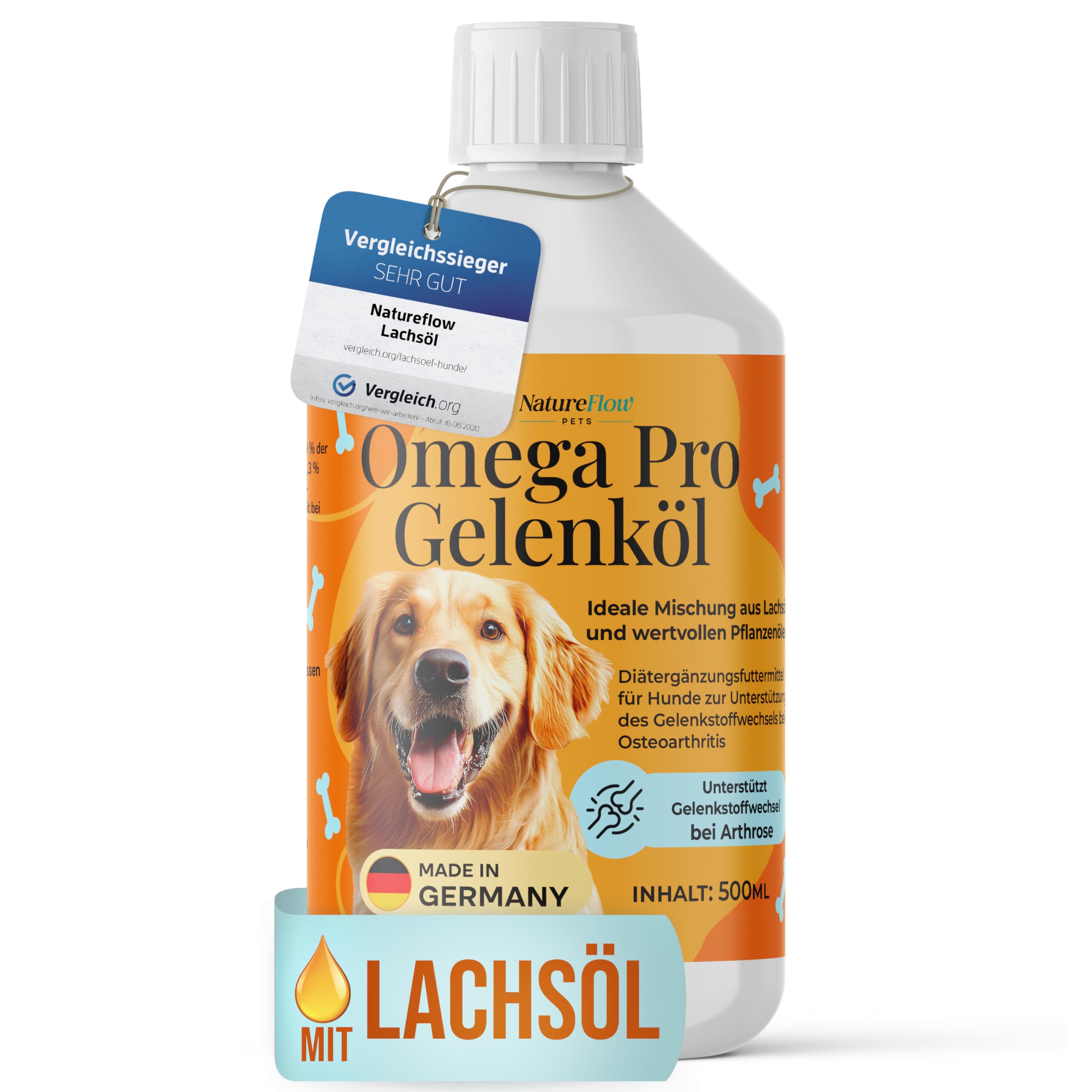Omega Pro Gelenköl für Hunde 500ml – Lachsöl Mix mit Leinöl, Hanföl & Borretschöl – Omega 3 & 6 Fischöl für Gelenkstoffwechsel bei Arthrose – für Haut & Fell – Made in Germany