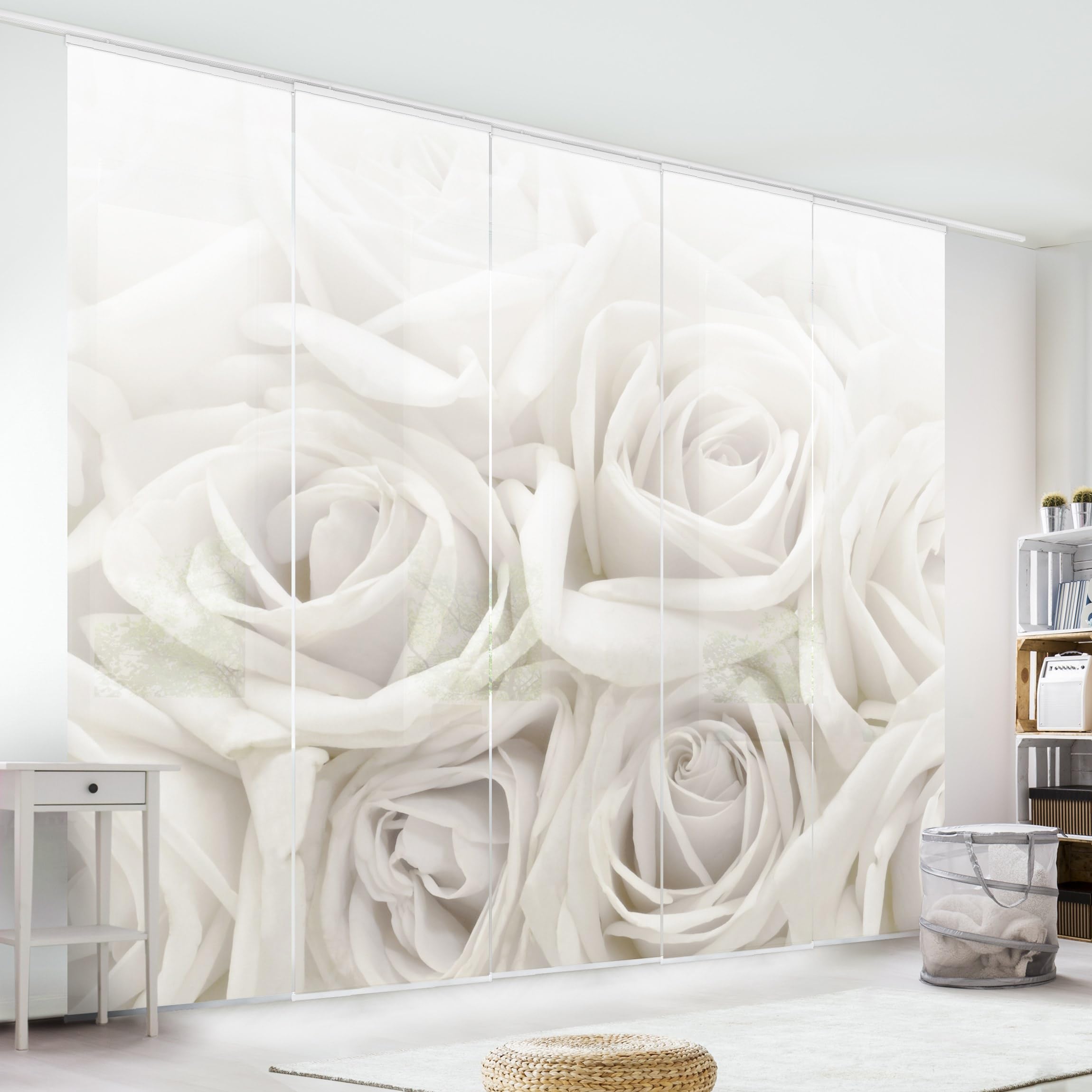 Schiebegardine halbtransparent 60er Paneel Klett Blumen Textil lichtdurchlässig - Rose Modern Flächenvorhang Weiss Wohnzimmer Schlafzimmer 1760 (300x250 cm - 5er Set)