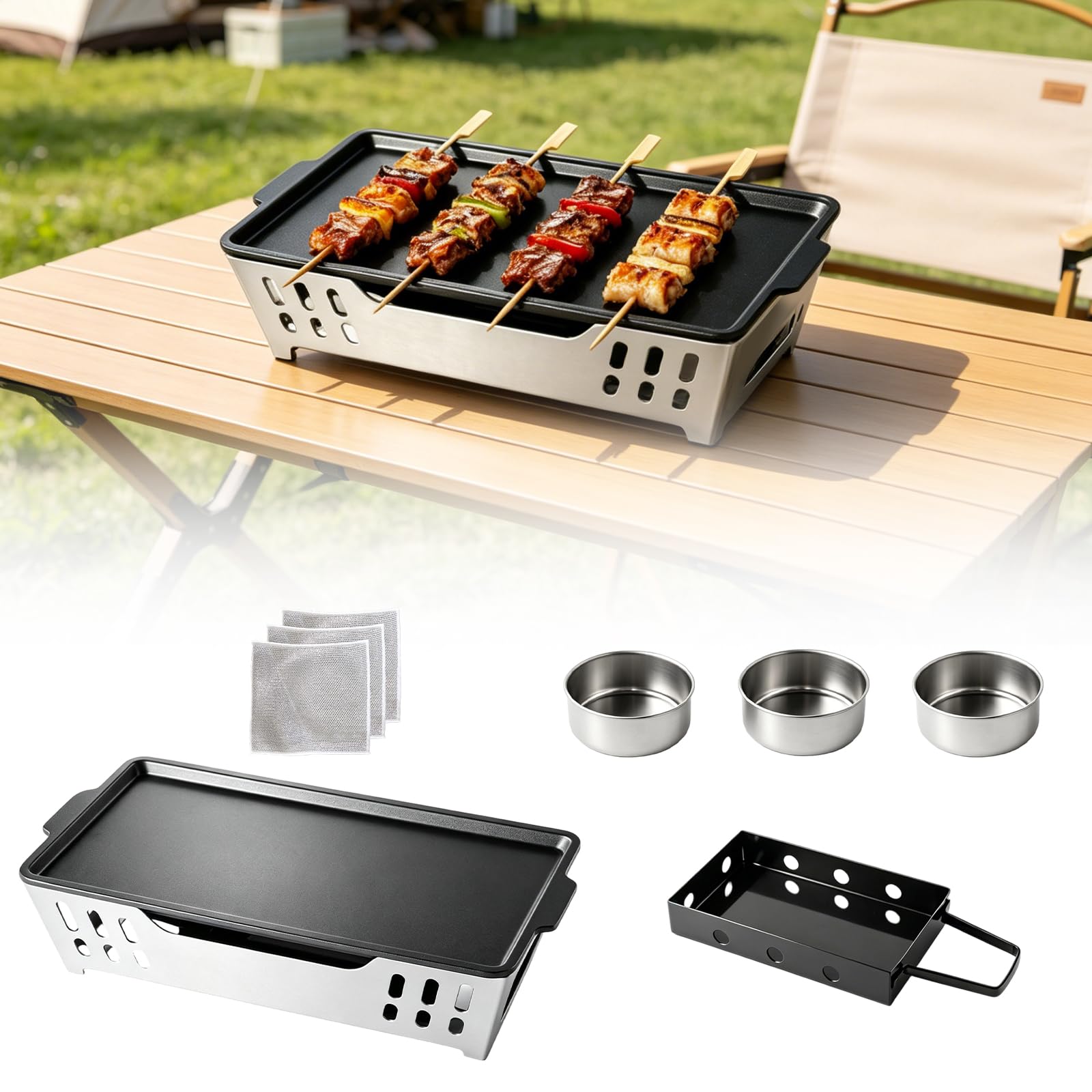 Piastra calda per barbecue, contenitore per alimenti e grigliate, piastra in alluminio antiaderente con tre portacandele in acciaio inox, accessorio per barbecue, per giardino, campeggio e barbecue