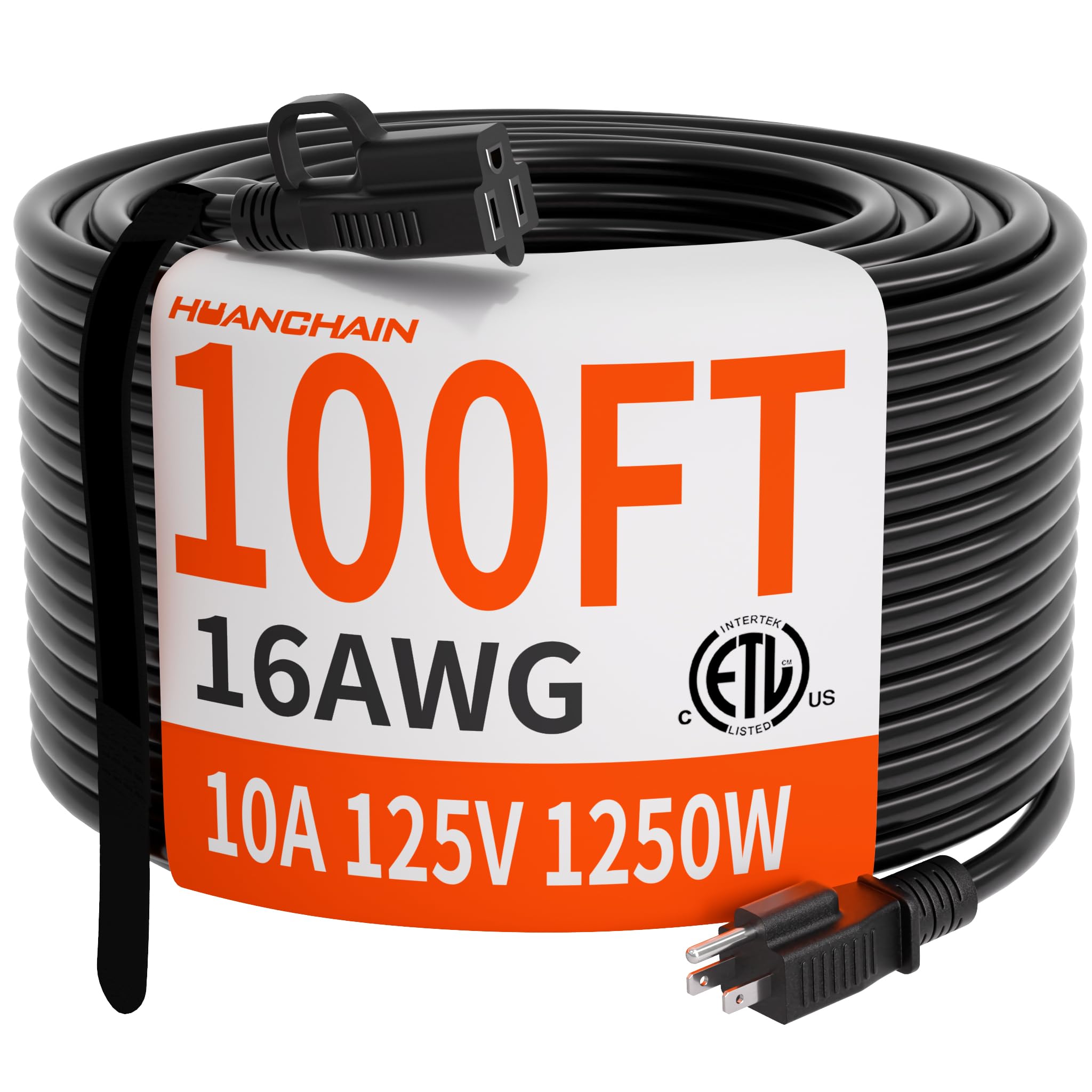HUANCHAIN 16/3 Gauge Indoor Outdoor Black Extension Cord 100 FT Waterproof