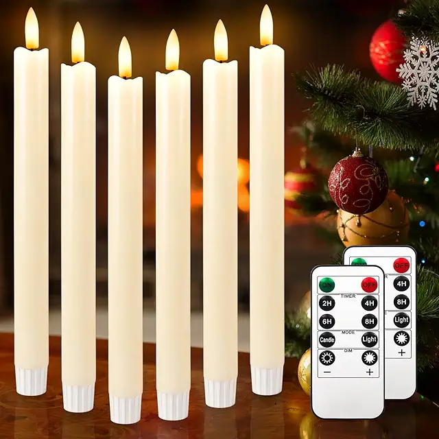 Idyl LED Flameless Tapered Candles 6-Pack with Remote Timer - Real Wax Kronljus