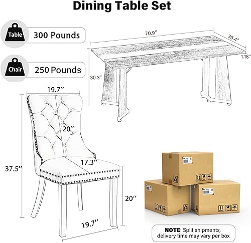 Miniatura 2 de Juego de mesa de comedor de 7 piezas con 6 sillas, mesa de comedor rectangular de madera de 71 pulgadas con sillas de comedor de terciopelo, tablero