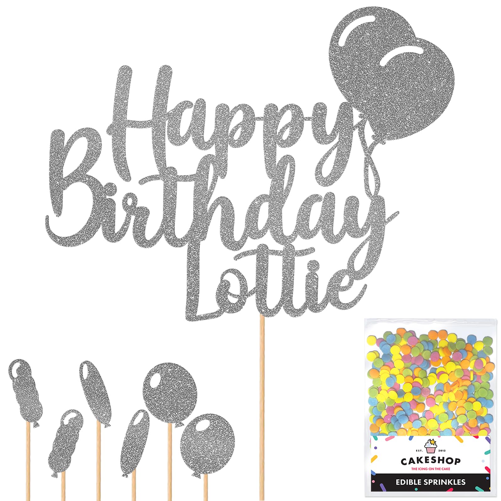 Personalised Happy Birthday Glitter Cake Topper Balloons - Dark Silver Any Name Glitter Cake Decoration and Sprinkles - Happy Birthday Decorations - Personalised Toppers for Cakes by Cakeshop