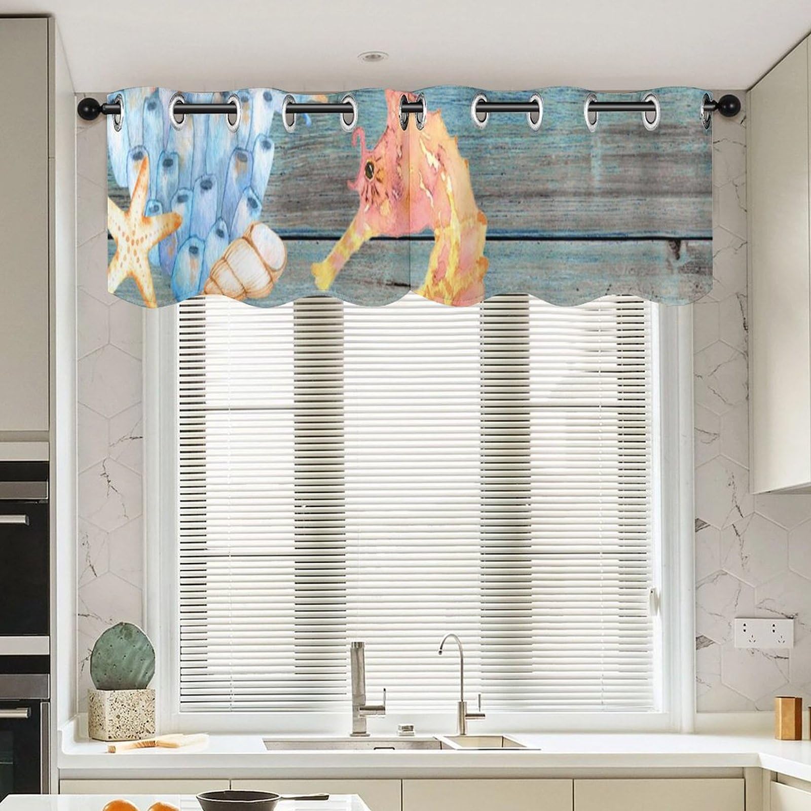 Cortinas vintage de caballito de mar con acabados premium para ventanas de salones marinos