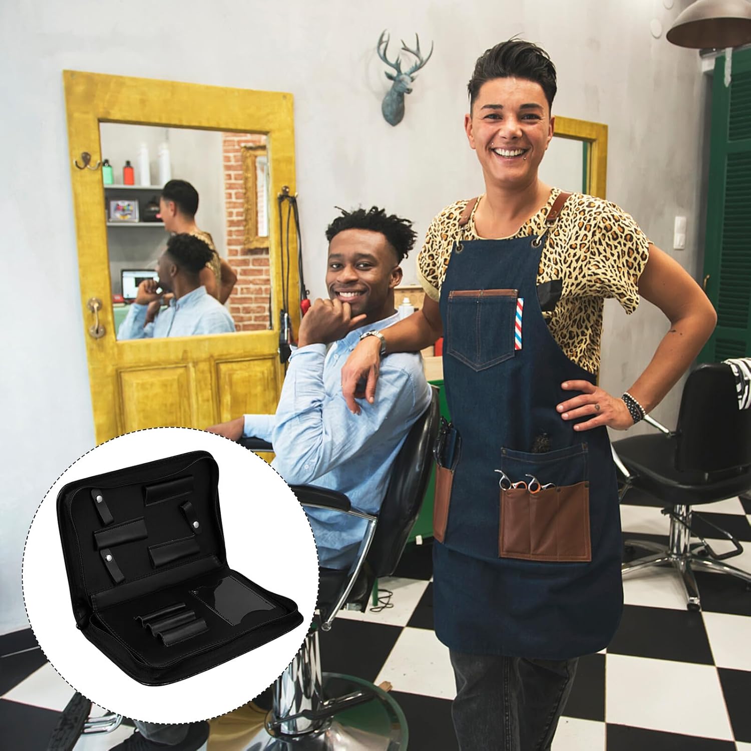 SOLUSTRE Leather Scissor Bag with Diamond Pattern Pu Leather, Hairdressing Tool Organizer for Barber Scissors, Black Salon Pouch for Professional Stylists
