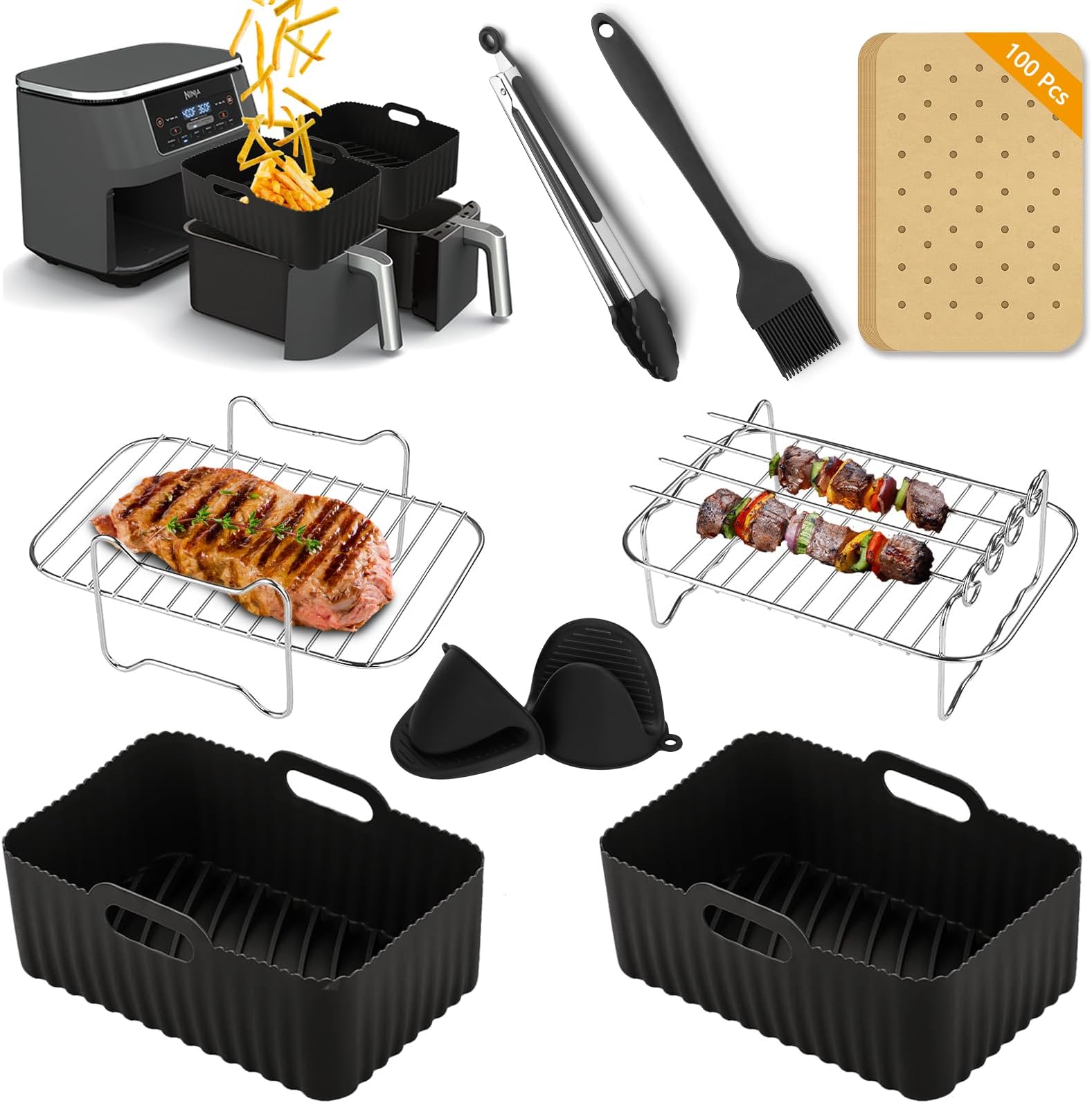 Air Fryer Accessories, Set of 9 for Ninja Air Fryer AF300UK AF400UK Tower T17088, Including Reusable Silicone Air Fryer Liners / Gloves / Air Fryer Rack / Paper Lining / Food Tong / Oil Brush