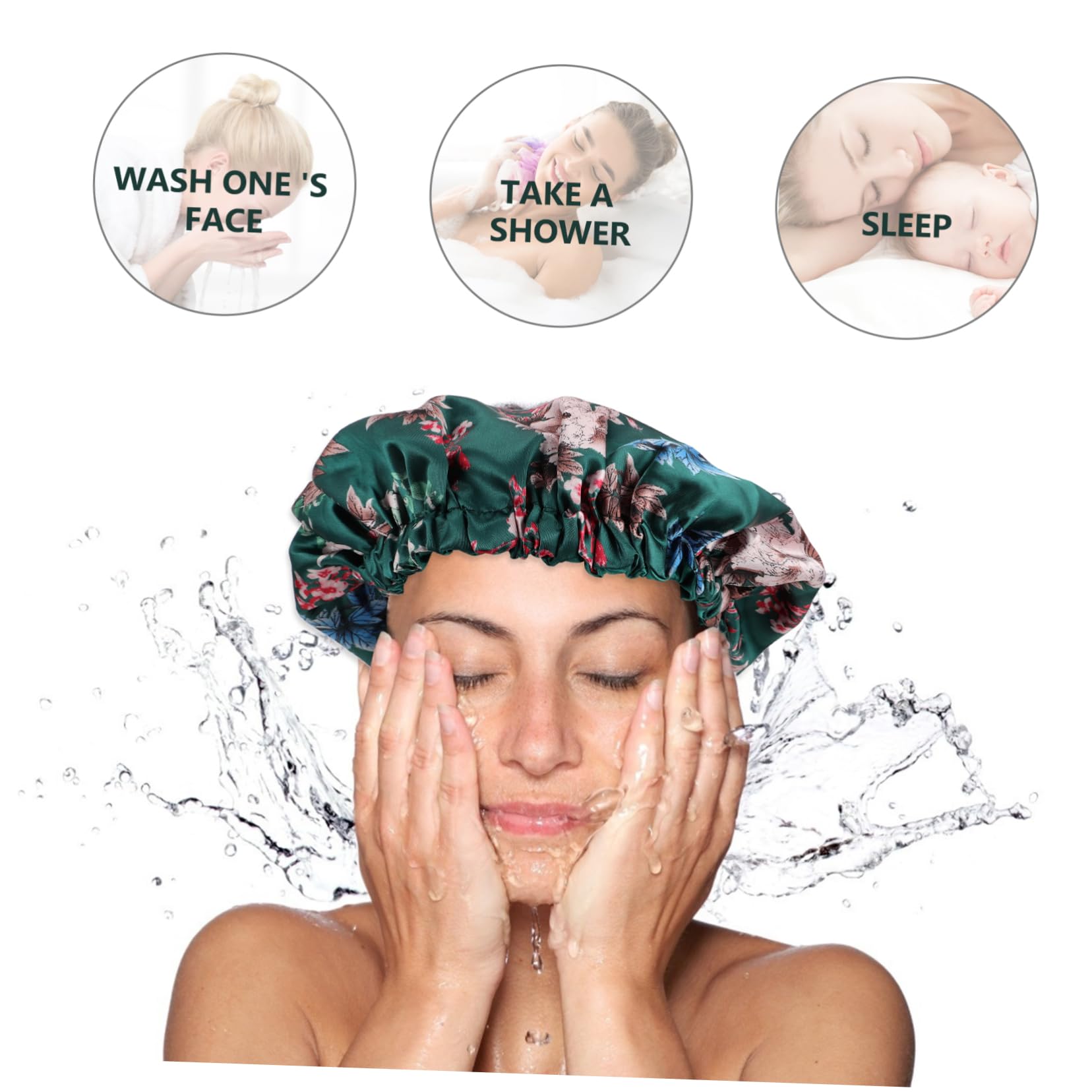 Angoily 5stücke Damen Duschhaube Aus Satin Wasserfeste Wiederverwendbare Badekappe Doppel-lagig Atmungsaktiv Und Hautfreundlich Für Einsatz Im Salon Hause Stilvolles Design Peonien-grün