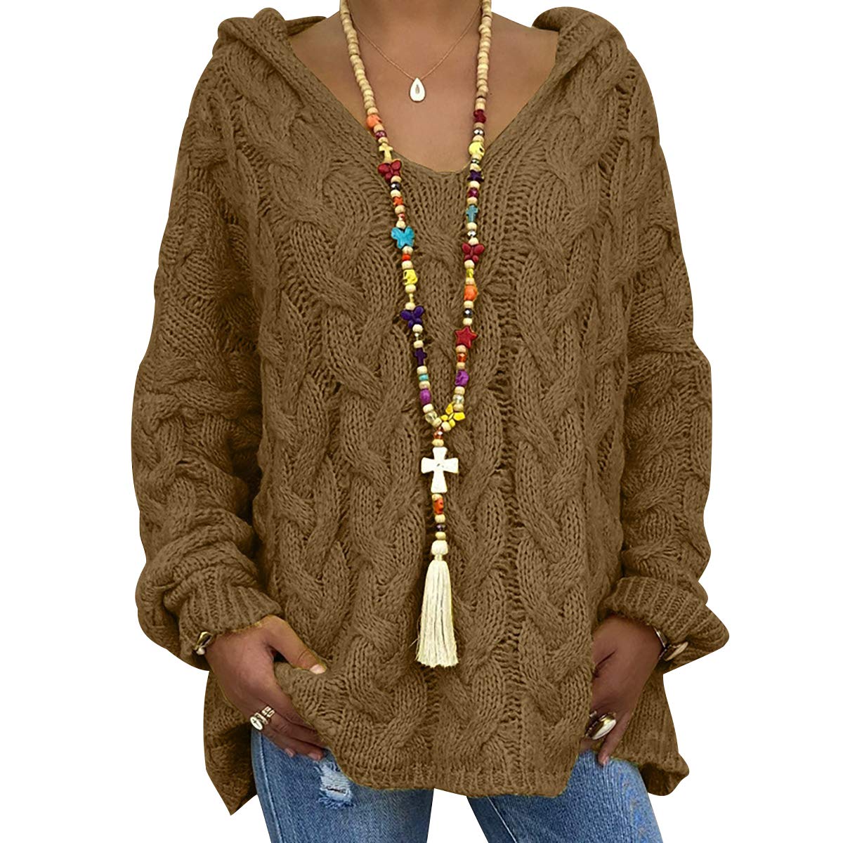 Peuignao Women's Coffee 3XL Oversized Cable Knit V-Neck Jumper - Baggy Fluffy Knitted Hooded Pullover Sweater For