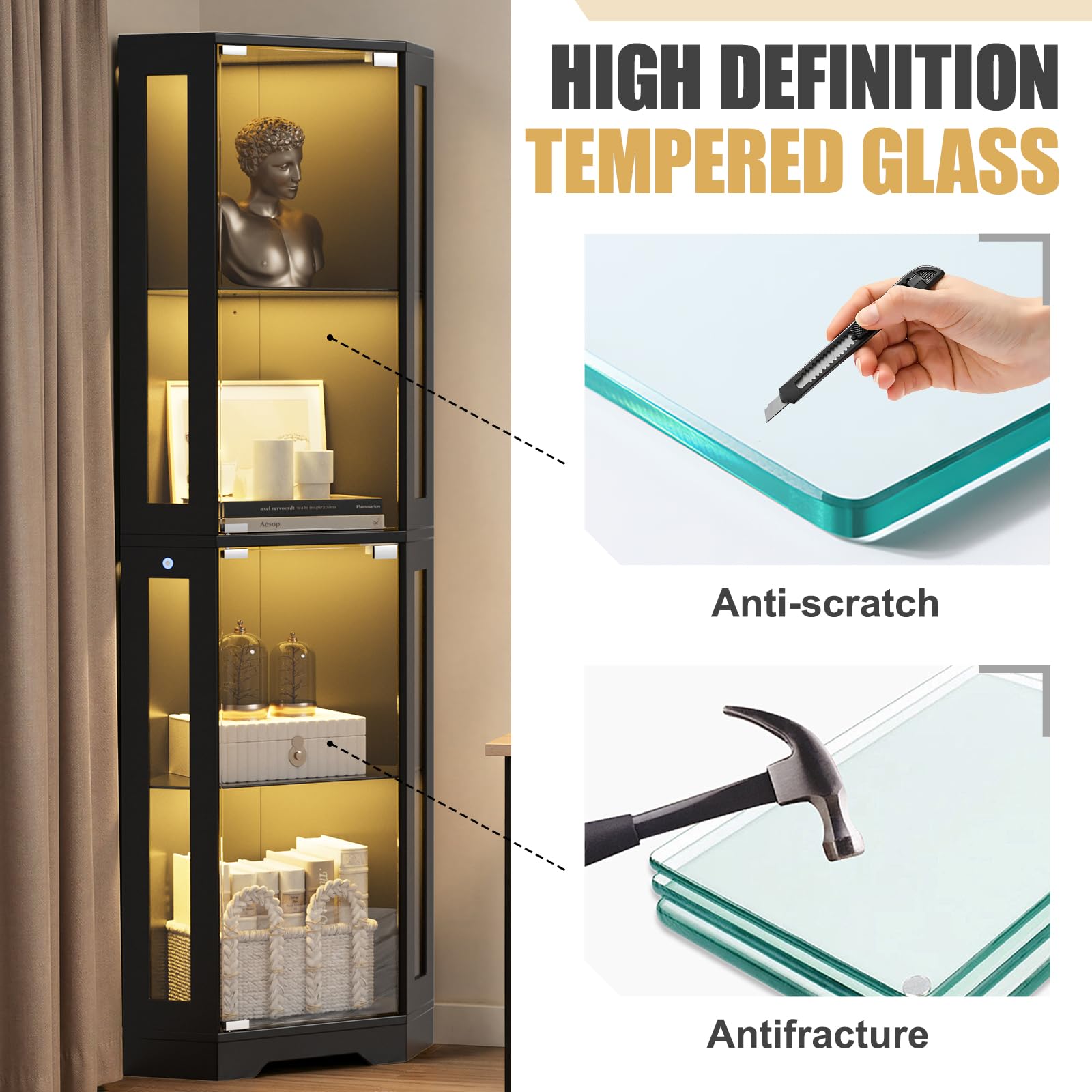 Vitrina esquinera de 4 Niveles con Puertas de Cristal para Dormitorio/Estudio, Vitrina de Cristal de 165cm con iluminación LED para coleccionistas y Sala de Estar, Negro