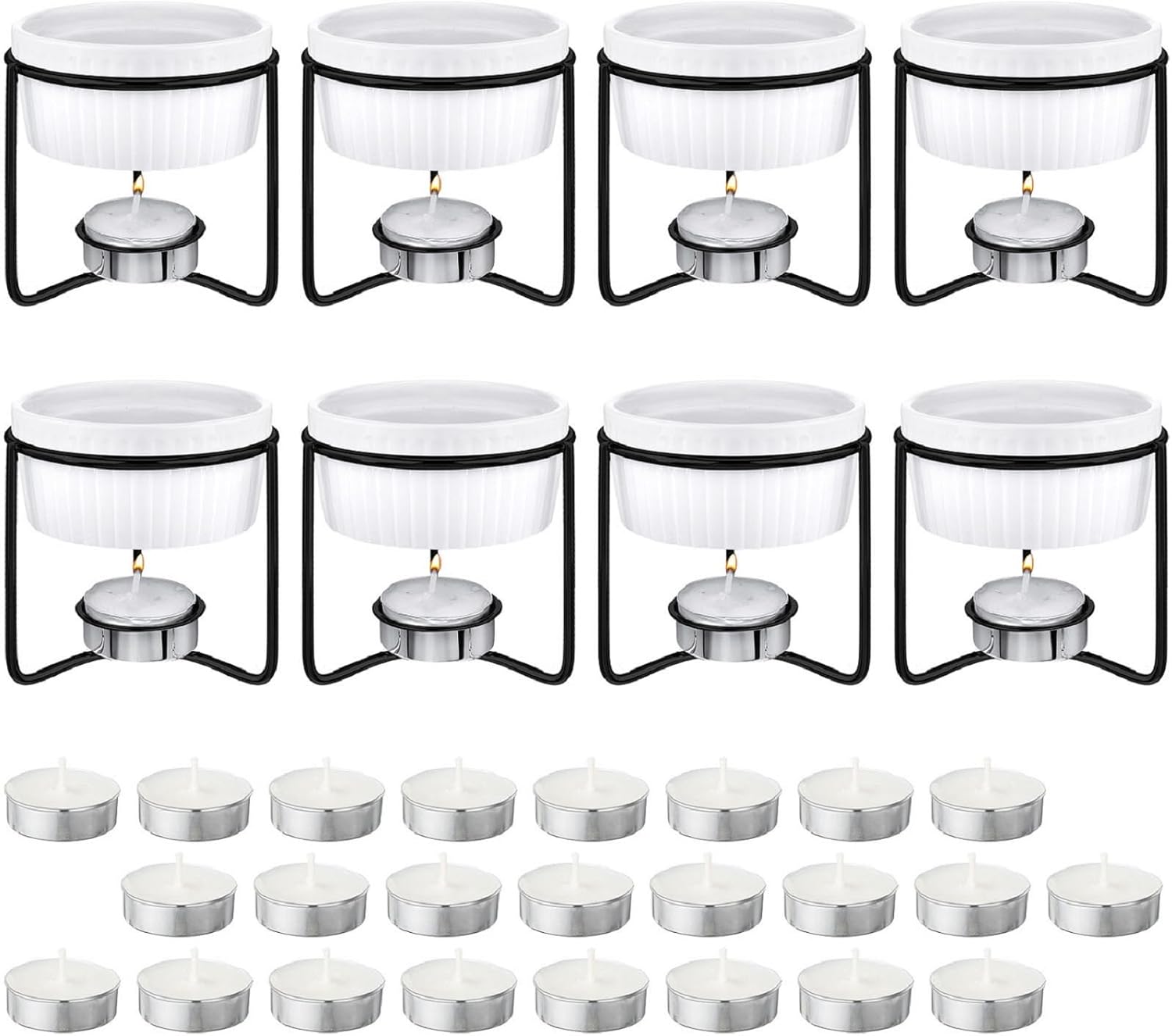 Treela 40-Piece Ceramic Butter Warmer Set with 32 Tealight Candles - Perfect for Seafood, Lobster, Fondue, Chocolate Melting (White/Black)