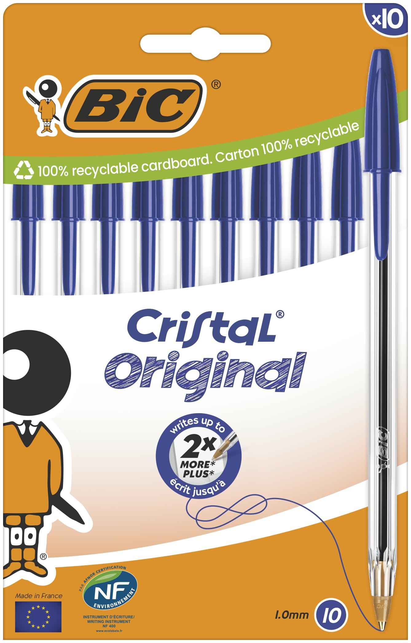 BIC Cristal Original Bolígrafos de Punta Media (1,00 mm) con Tapón y Capuchón a Juego - Azul, Caja de 10