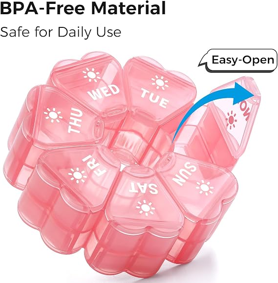LANDNEOO Weekly Pill Organizer 2 Times a Day, Cute Double-Sided AM PM Pill Case 7 Day, Pink Travel Pill Box for Medication, Vitamins, Fish Oils, Supplements - Pink