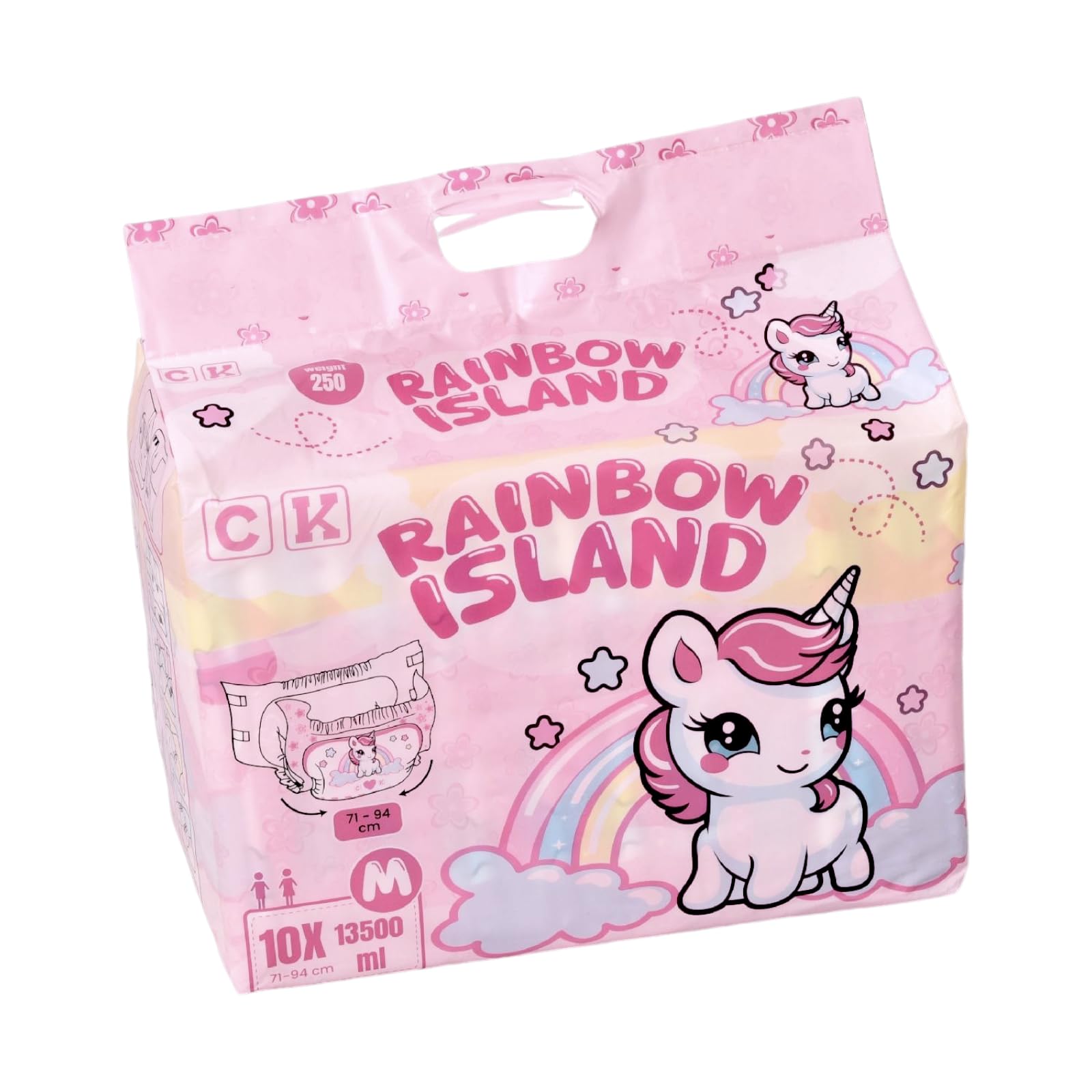 Rainbow Island Windeln mit Folie für Erwachsene 13500 ml M Hüftumfang 71-94 cm mit Einhorn Druck und Nässeindikator