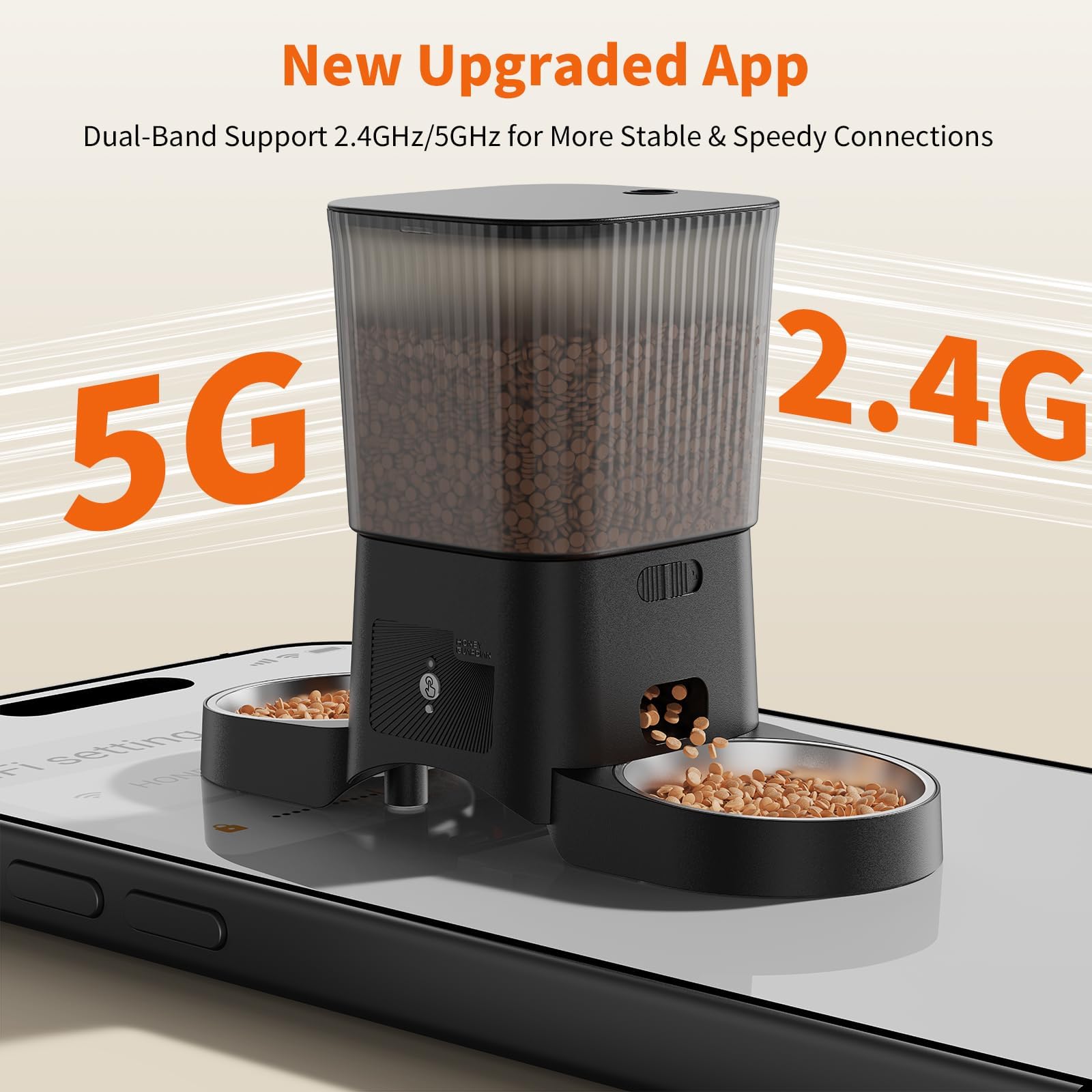 HoneyGuaridan 5G/2.4G WiFi Distributore Automatico Cibo Gatti con 2 Ciotole, Distributore Automatico Intelligente per Gatti e Cani, 4 Piedini Antiscivolo, Stabilità, 1-6 Pasti al Giorno (3.5L)