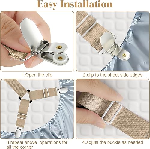 Miniatura 6 de Morcheiong Paquete de 2 correas ajustables para sábanas con clips para sábanas para ropa de cama, amarres de sábanas, caquimarrón