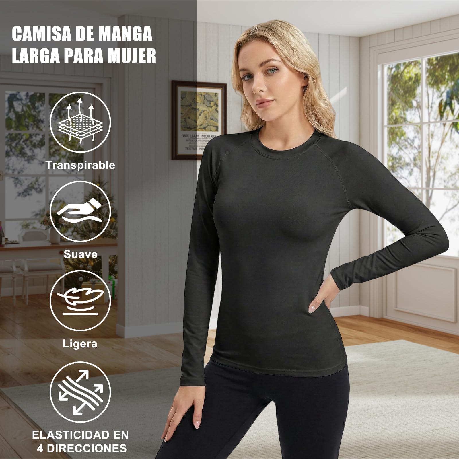 NuCamper Pack de 4 Camisetas Térmicas para Mujer Camiseta Cuello Redondo Mujer Manga Larga Basica Ropa Interior Ligera Termica Tops Elegante Elástica Suaves Ajustada T Shirts para Otoño e Invierno