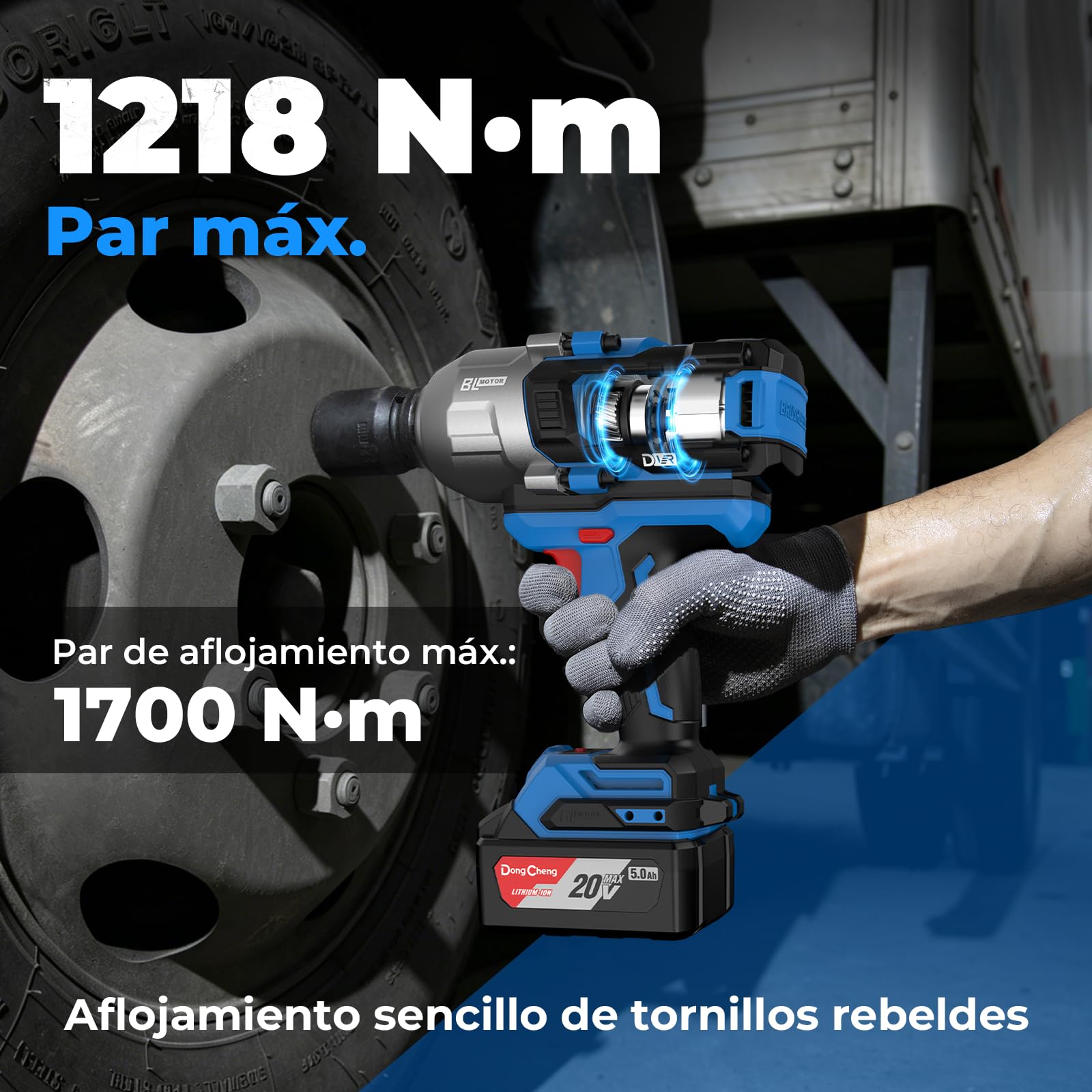 DongCheng Llave de impacto a batería, 1700 Nm Incluye 1 batería 5Ah | sin escobillas 1/2" , 3 velocidades , cargador rápido, 3 dados y maletín. Para reparación de camiones y maquinaria pesada