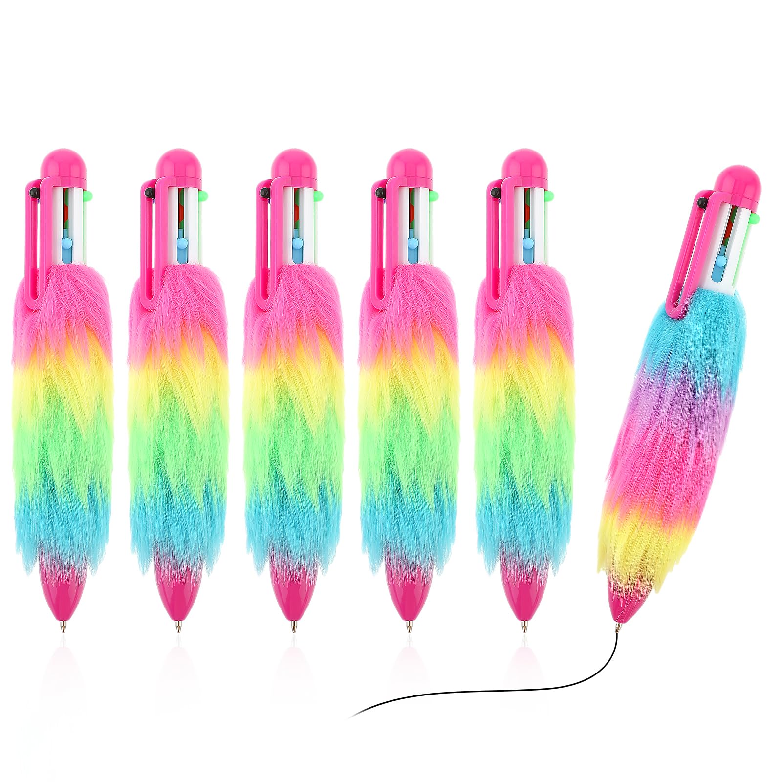 TIESOME 6-in-1 Fuzzy Pens, 6Pcs Multicolor Fluffy Retractable Ballpoint Pen, 6 Colors Shuttle Rainbow Pens Plush Pen Soft Aesthetic Multi Color Pen for Students Teachers Office School Supply