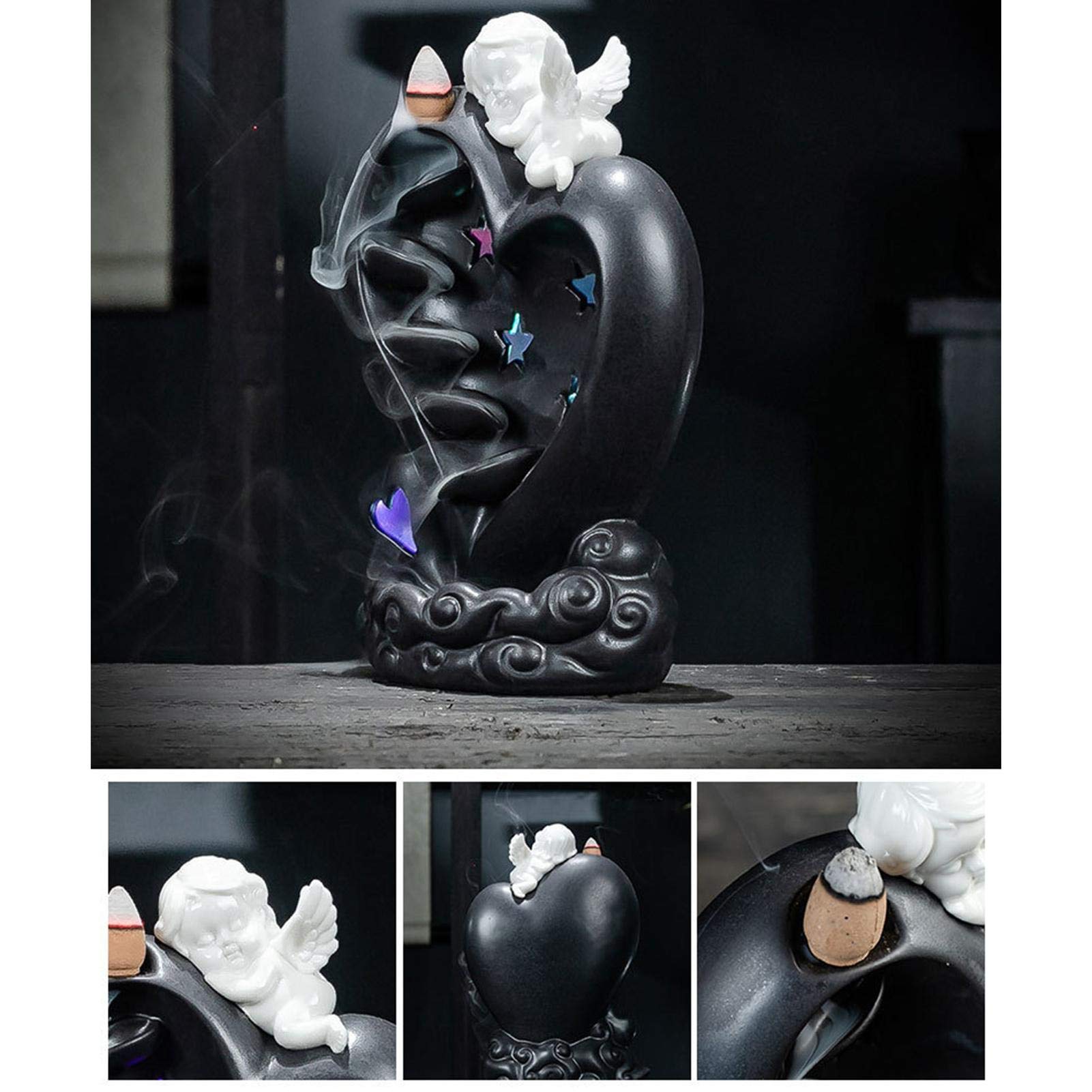 Porta incenso a forma di cascata, in ceramica, con luce a LED e 50 coni di incenso a riflusso – Fontana fumo, cascata, decorazione per meditazione yoga