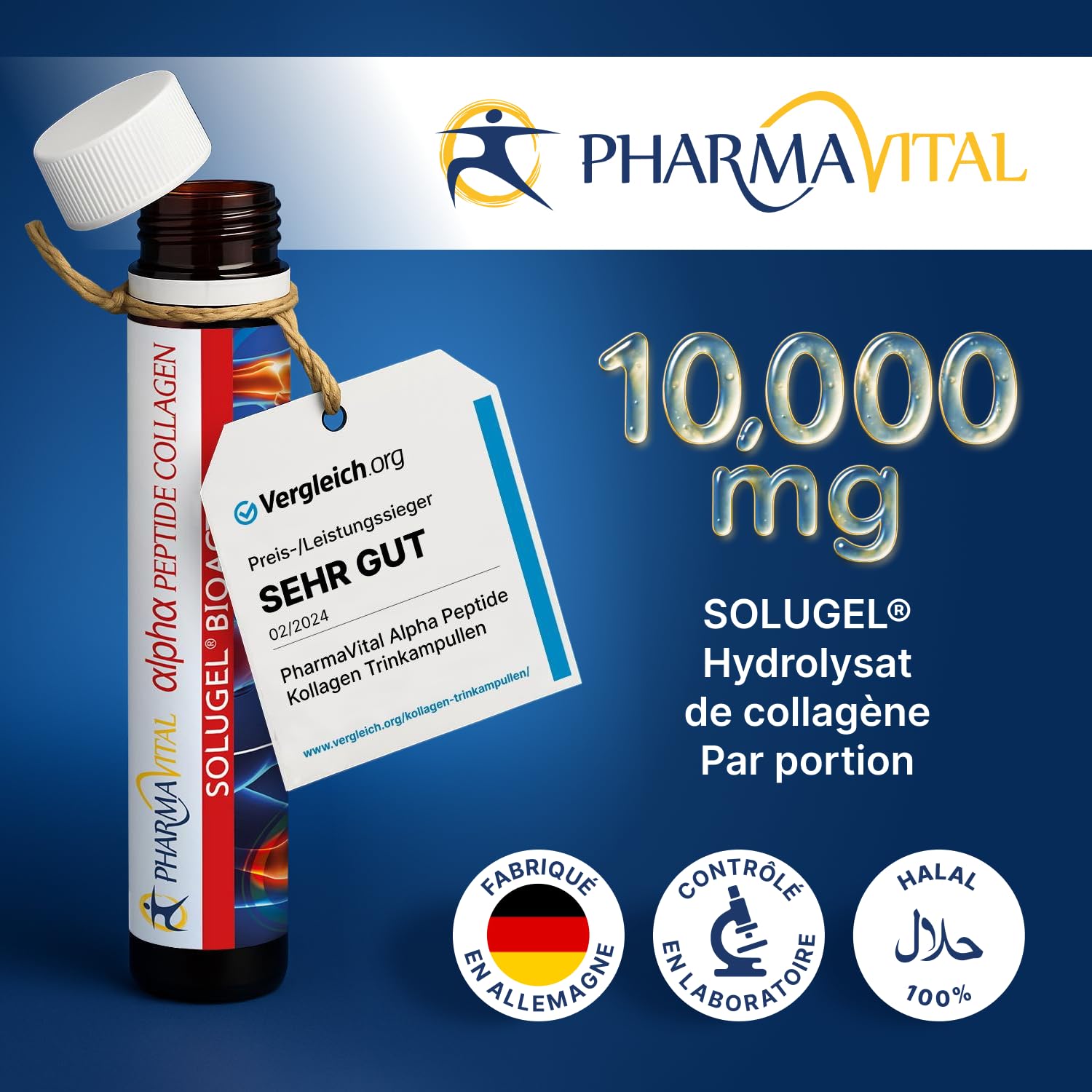 Alpha Peptide Collagène à boire - Collagene liquide 50 ampoules - 10.000 mg d'hydrolysat de collagène - Avec des peptides de collagène de type 1 et 3 - Testé en laboratoire externe