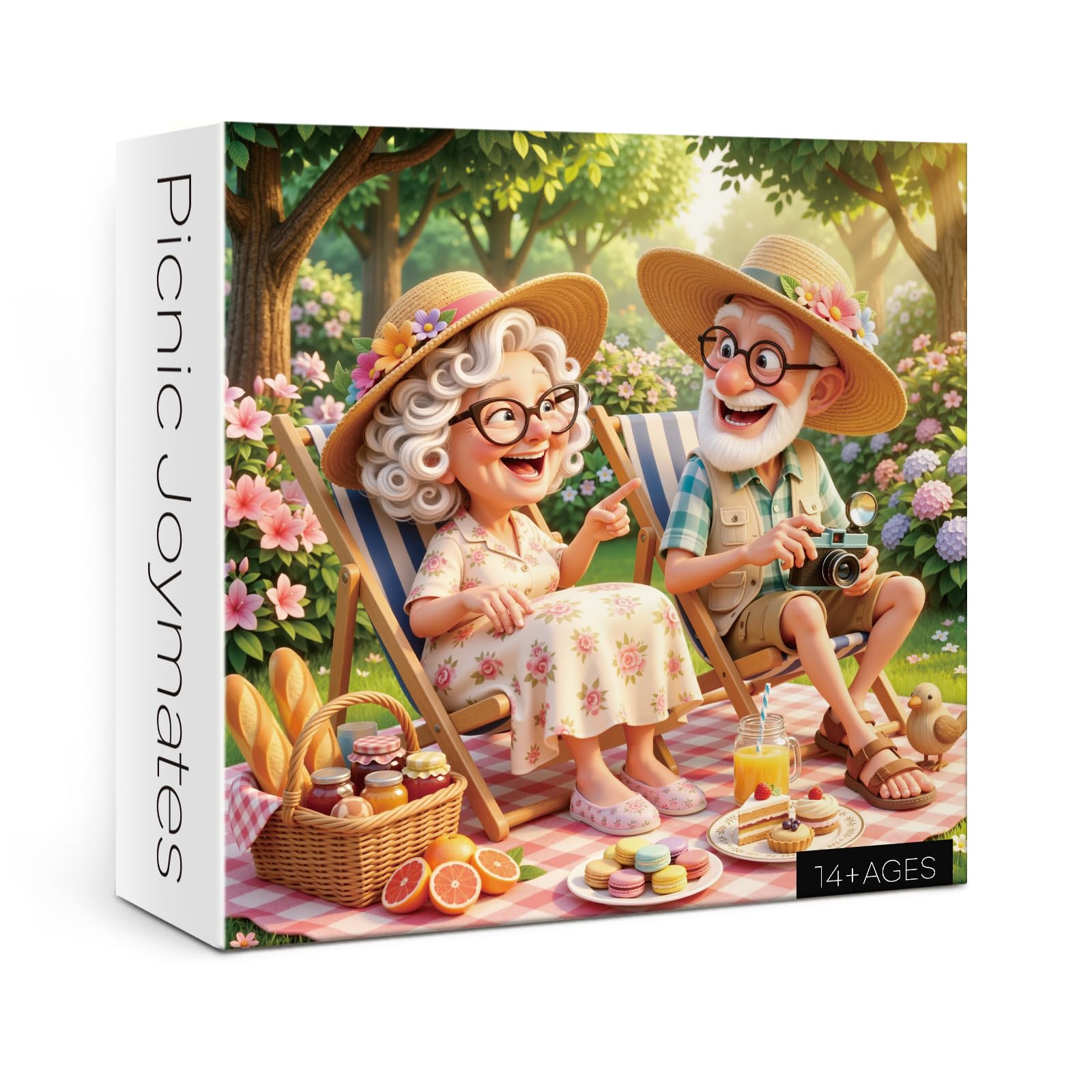 Funny Grandma Grandpa Puzzle for Adult 1000 Piece, Outdoor Summer Flower Garden Jigsaw Puzzle, Cartoon Old Couples Picnic Puzzle
