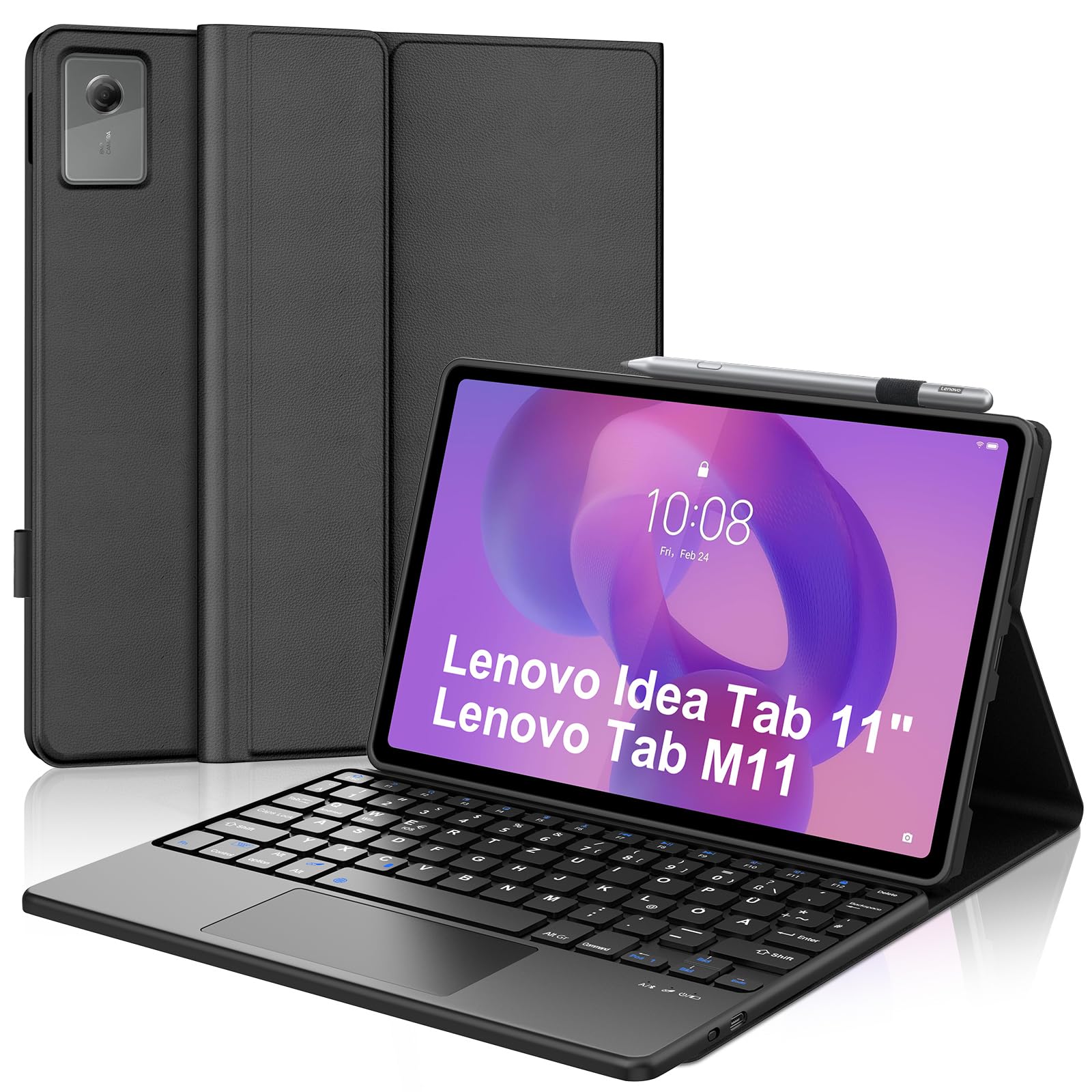 Custodia per tastiera Lenovo Idea Tab 2025 11 pollici (TB-336ZU TB-336FU) con touchpad, tastiera wireless Bluetooth per Lenovo Tab M11 11 pollici 2024, magnetica rimovibile con layout Qwertz, nero