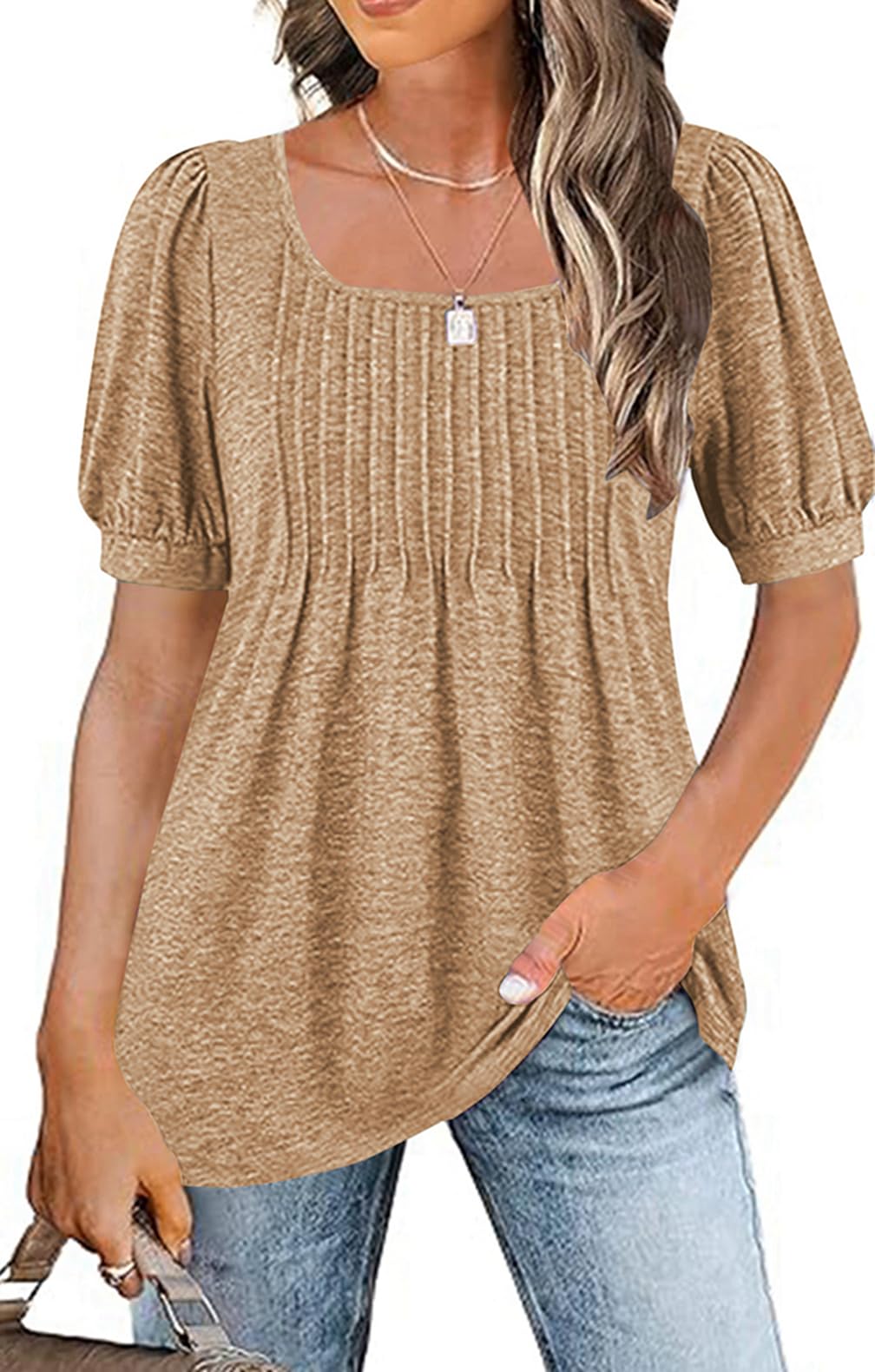 Naivikid 2025 Women's Puff Short Sleeve Tunic Tops Pleated Crew Neck Blouses Dressy Casual Loose Summer T-Shirts S-XXL