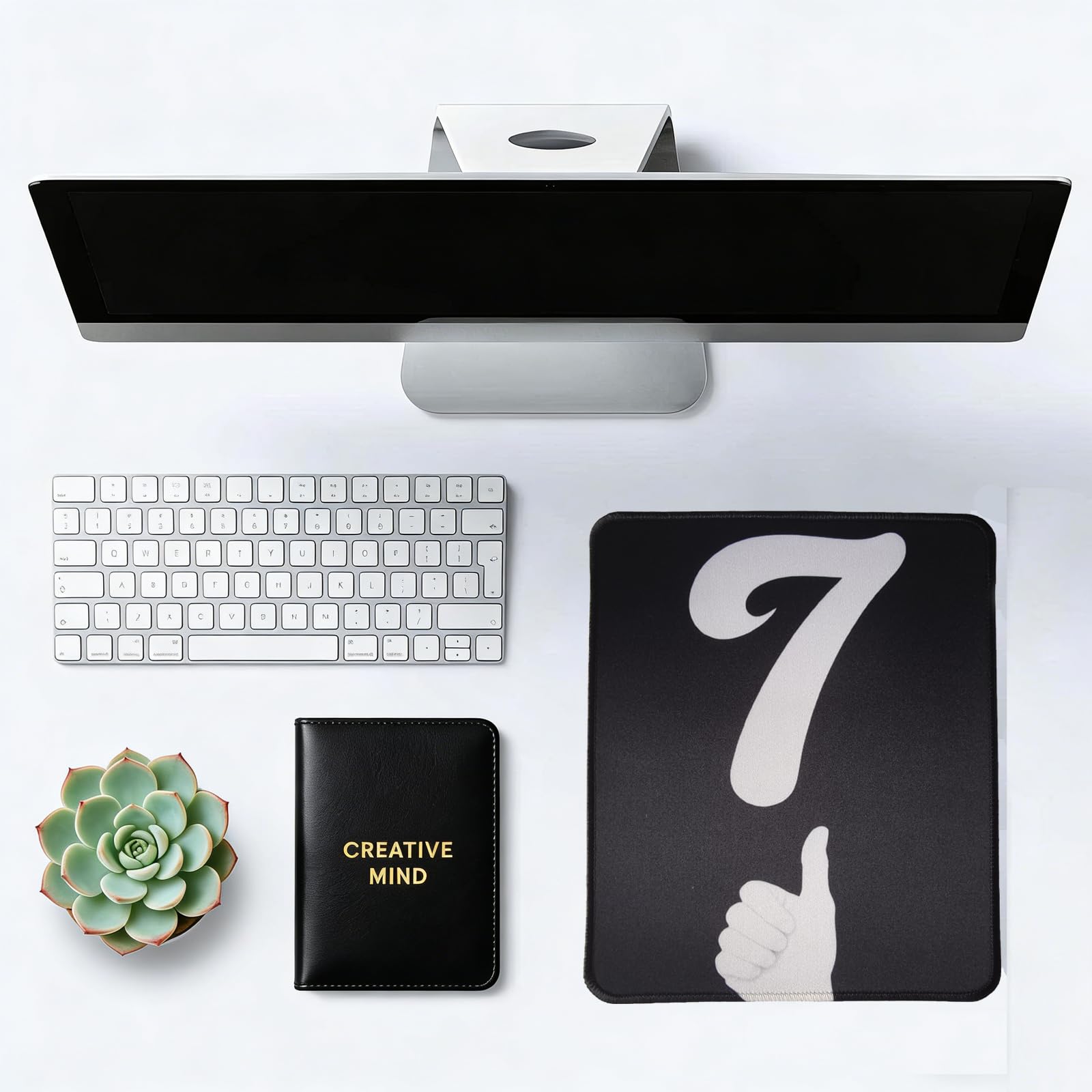 Lucky Number 7 Podkładka pod mysz, antypoślizgowa mata na biurko z minimalistycznym białym gestem kciuka w górę na czarnym, gumowa podstawa, wodoodporna, do biura, gier, komputera
